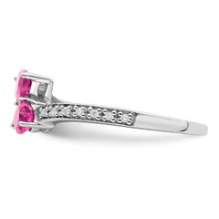 14k White Gold Created Pink Sapphire and Diamond 2-stone Heart Ring