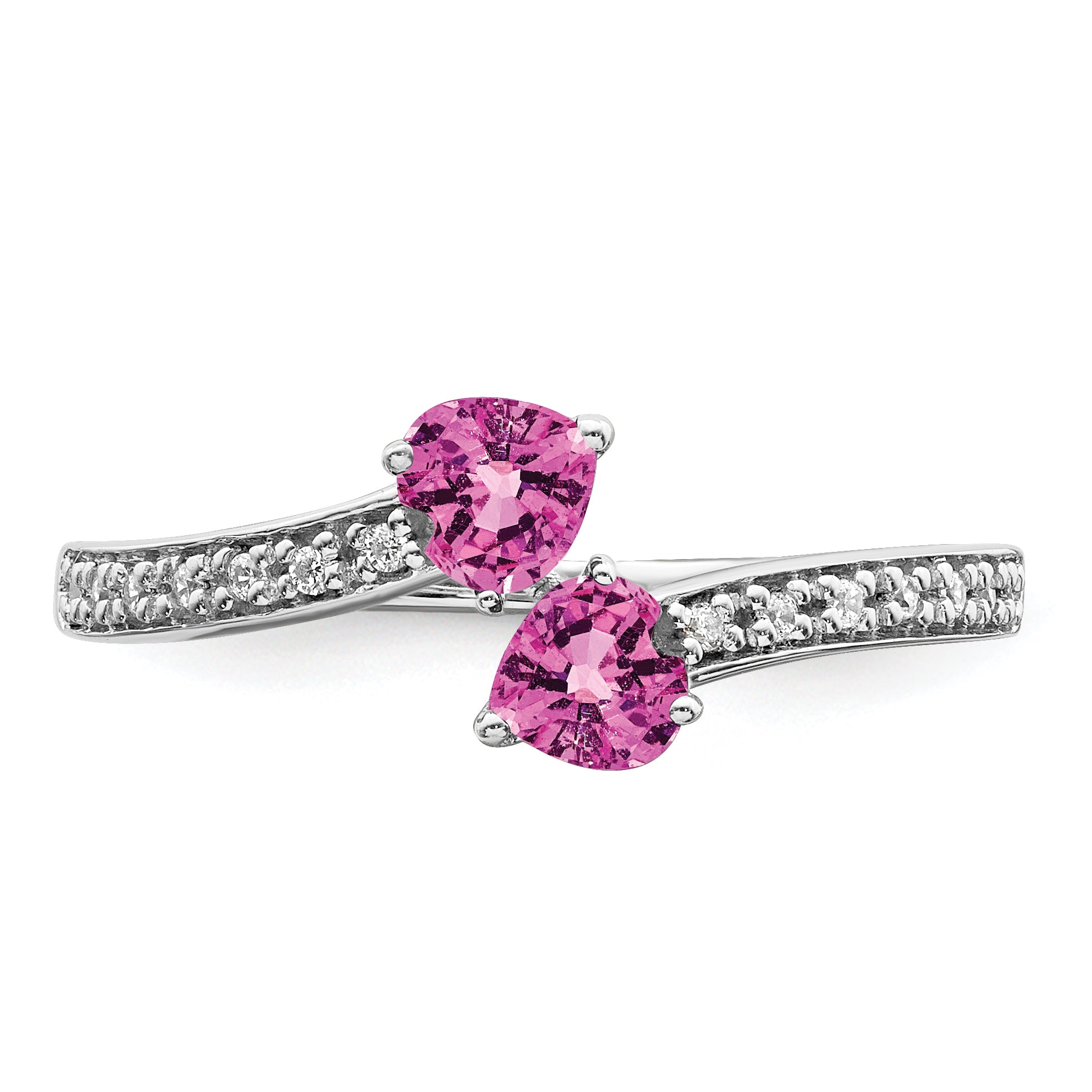 14k White Gold Created Pink Sapphire and Diamond 2-stone Heart Ring