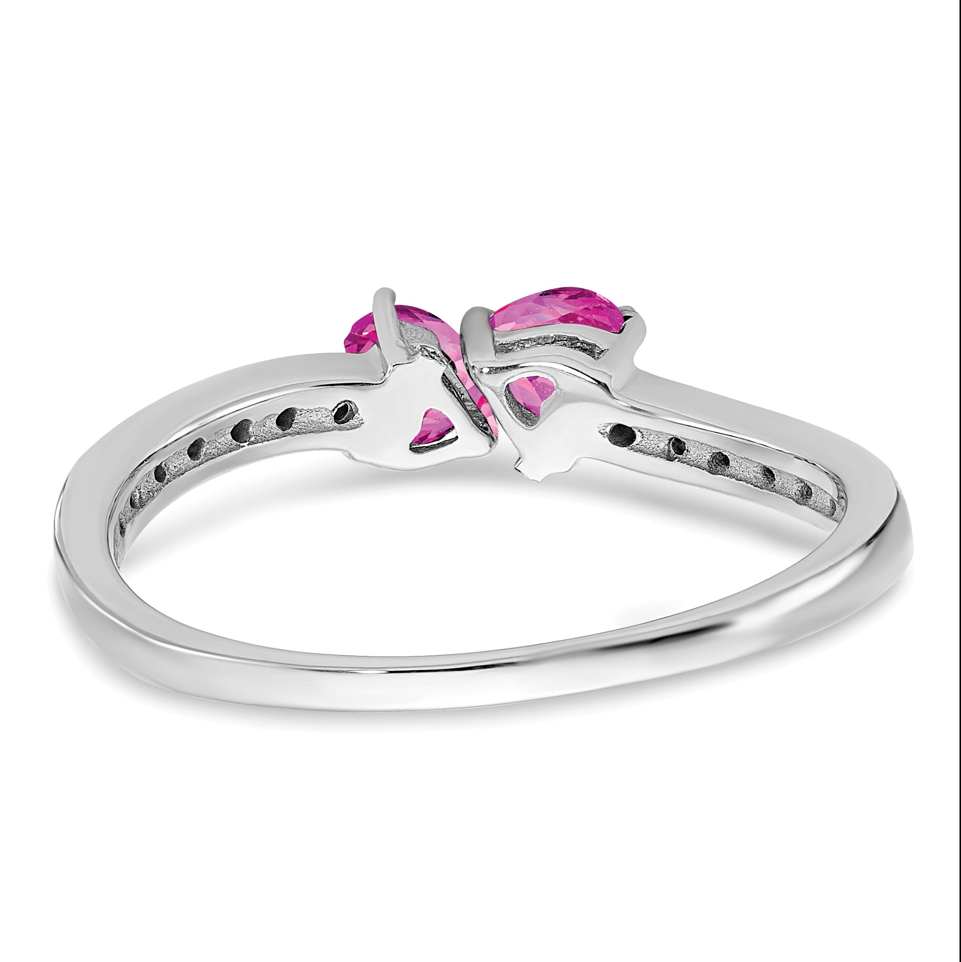 14k White Gold Created Pink Sapphire and Diamond 2-stone Heart Ring