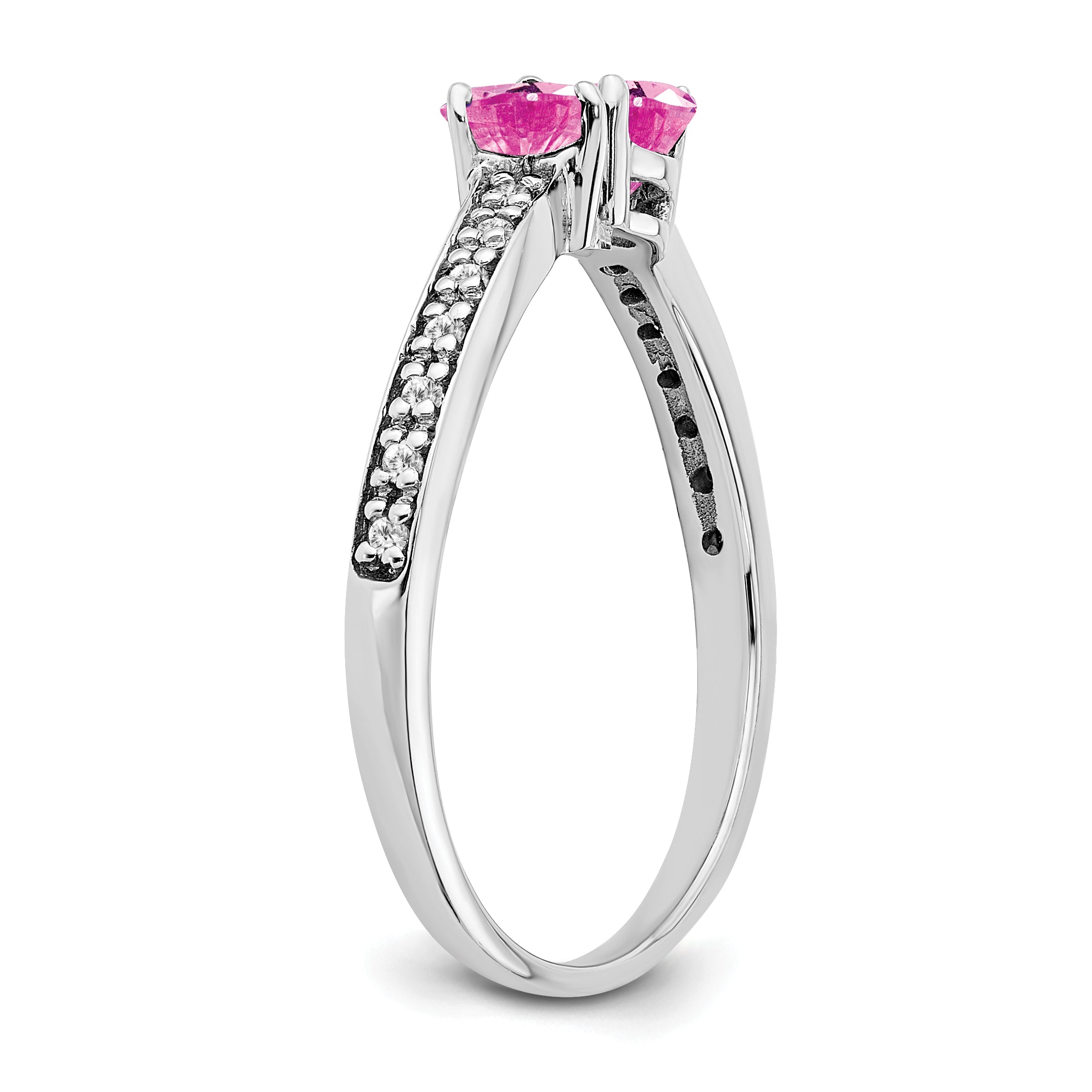 14k White Gold Created Pink Sapphire and Diamond 2-stone Heart Ring