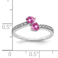 14k White Gold Created Pink Sapphire and Diamond 2-stone Heart Ring