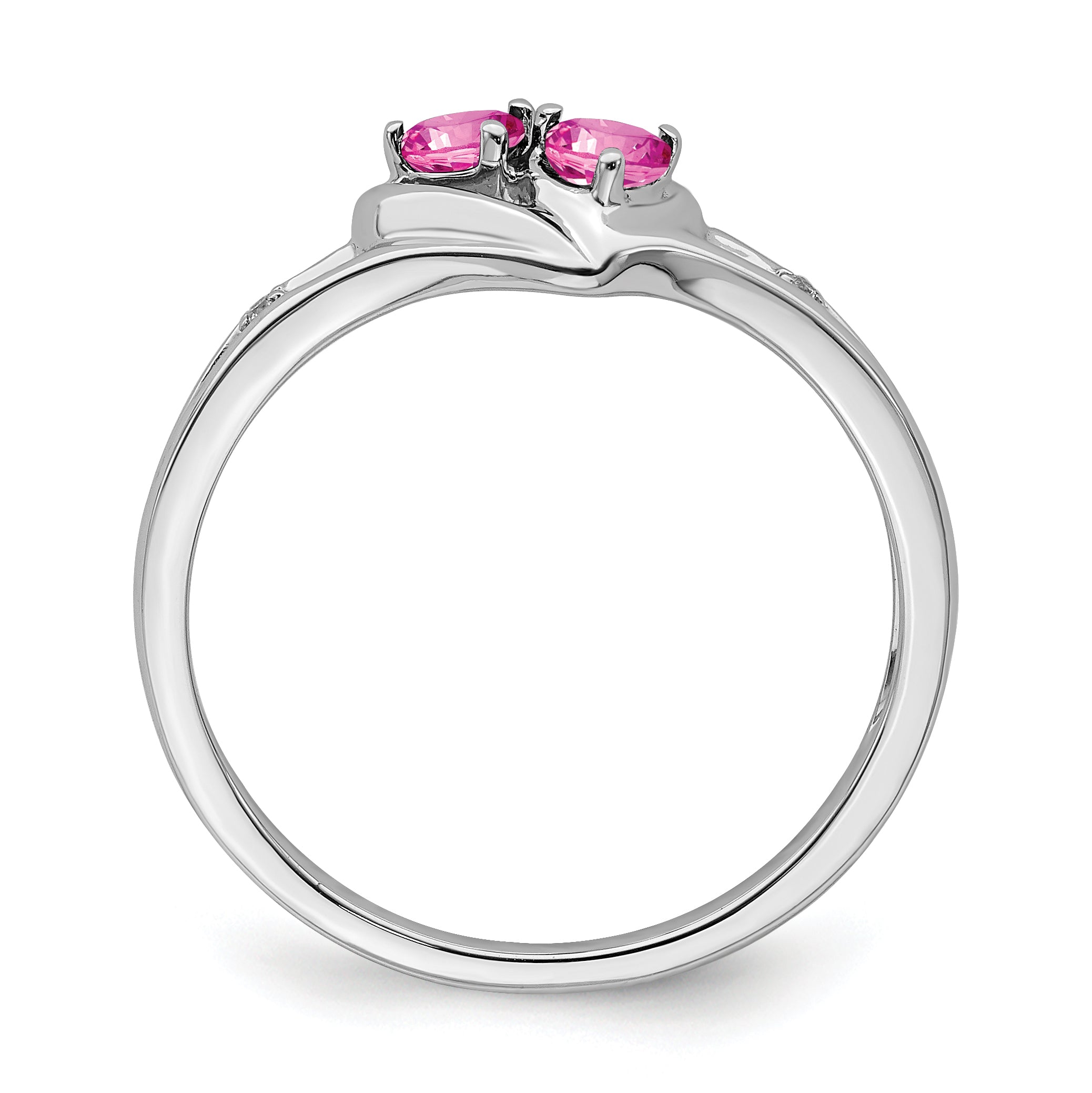 14k White Gold Created Pink Sapphire and Diamond 2-stone Heart Ring