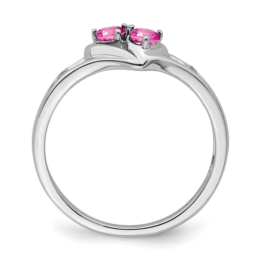 14k White Gold Created Pink Sapphire and Diamond 2-stone Heart Ring