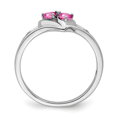 14k White Gold Created Pink Sapphire and Diamond 2-stone Heart Ring