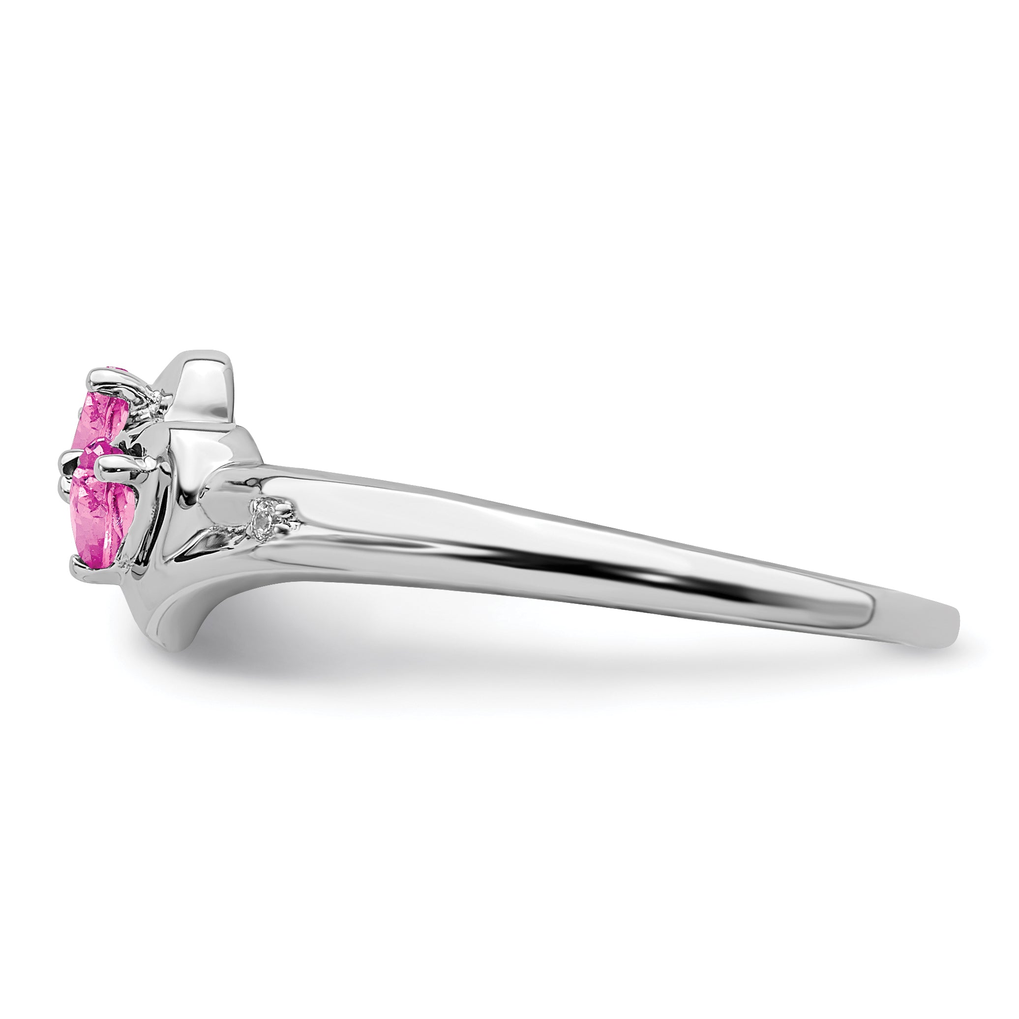 14k White Gold Created Pink Sapphire and Diamond 2-stone Heart Ring