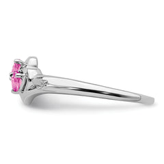 14k White Gold Created Pink Sapphire and Diamond 2-stone Heart Ring