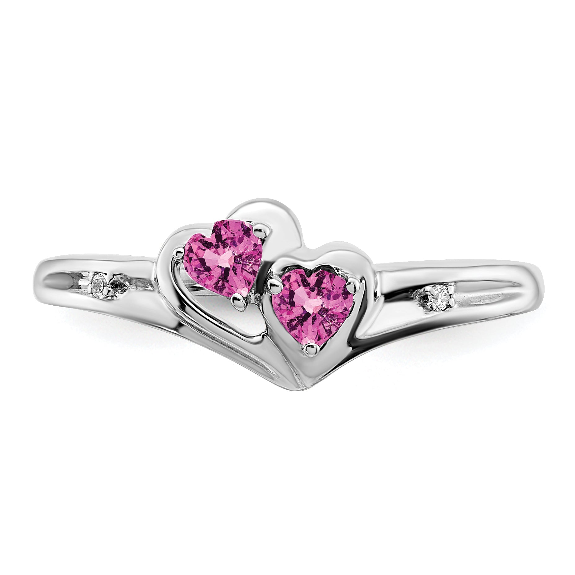 14k White Gold Created Pink Sapphire and Diamond 2-stone Heart Ring