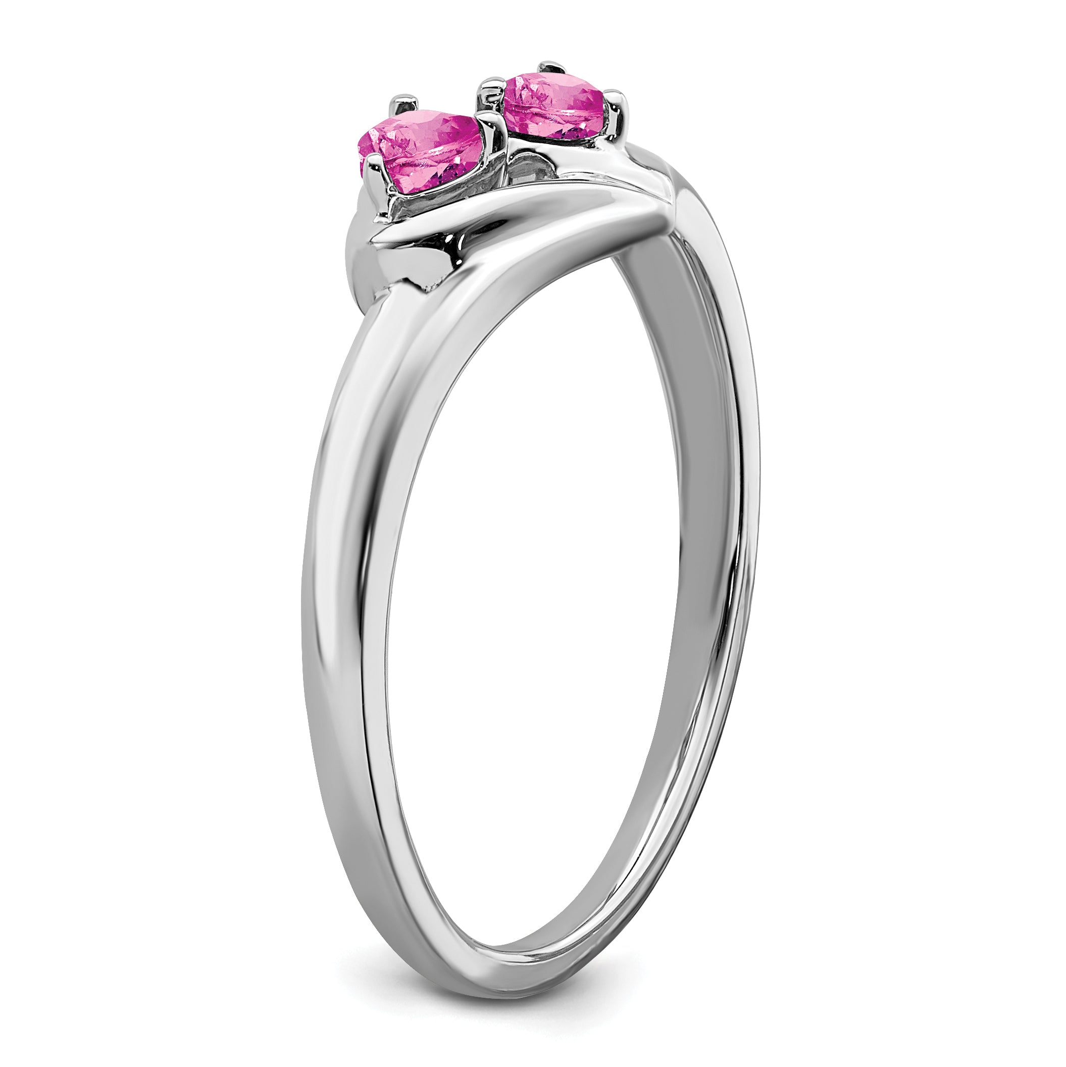 14k White Gold Created Pink Sapphire and Diamond 2-stone Heart Ring
