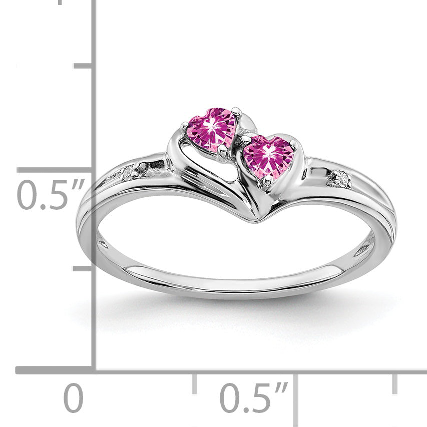 14k White Gold Created Pink Sapphire and Diamond 2-stone Heart Ring