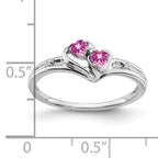 14k White Gold Created Pink Sapphire and Diamond 2-stone Heart Ring