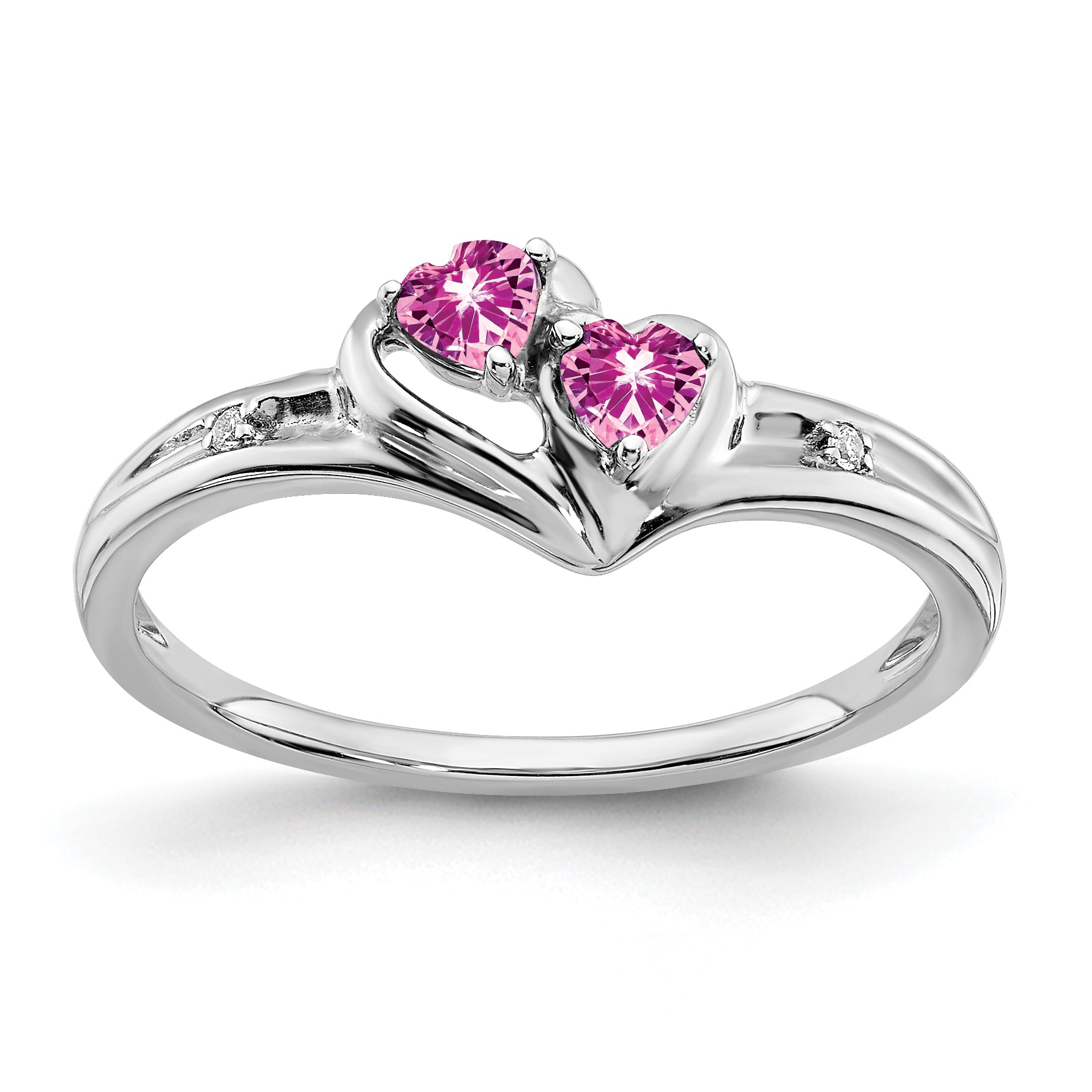 14k White Gold Created Pink Sapphire and Diamond 2-stone Heart Ring Main image