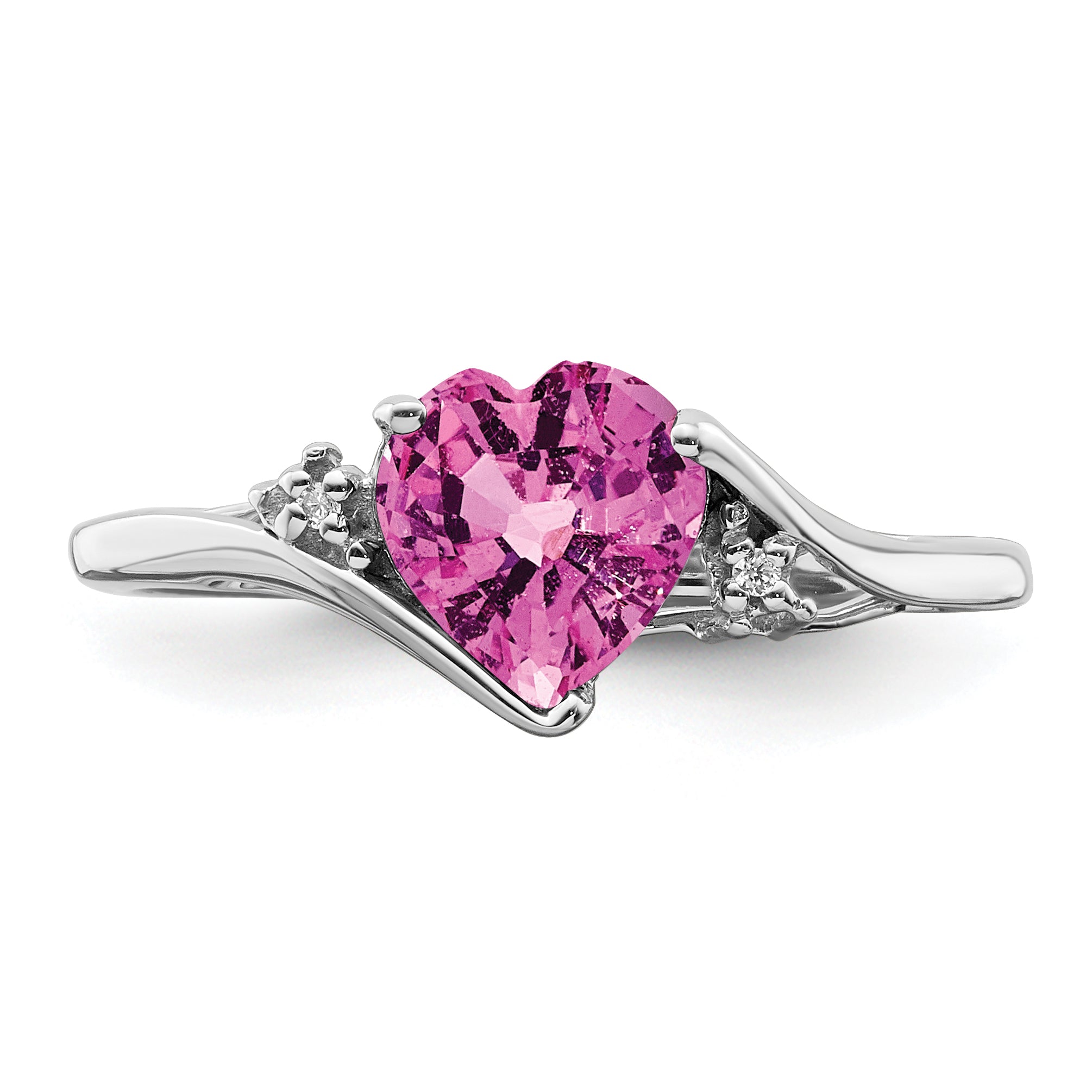 14k White Gold Created Pink Sapphire and Diamond Heart Ring