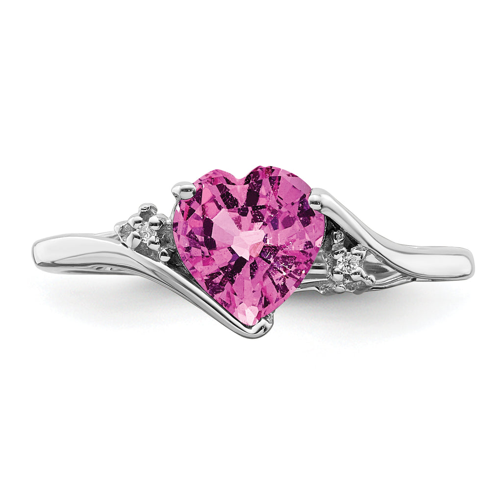 14k White Gold Created Pink Sapphire and Diamond Heart Ring