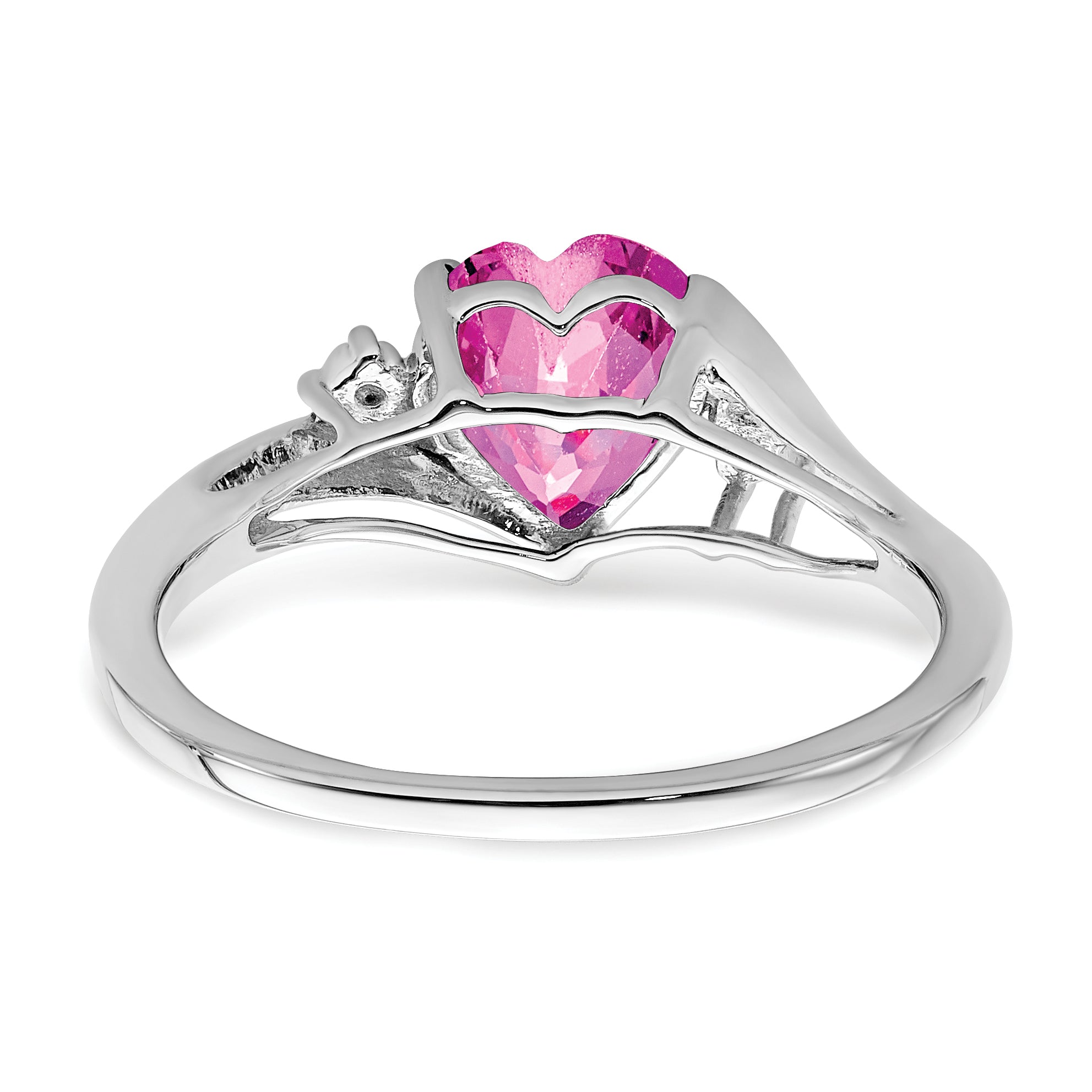 14k White Gold Created Pink Sapphire and Diamond Heart Ring