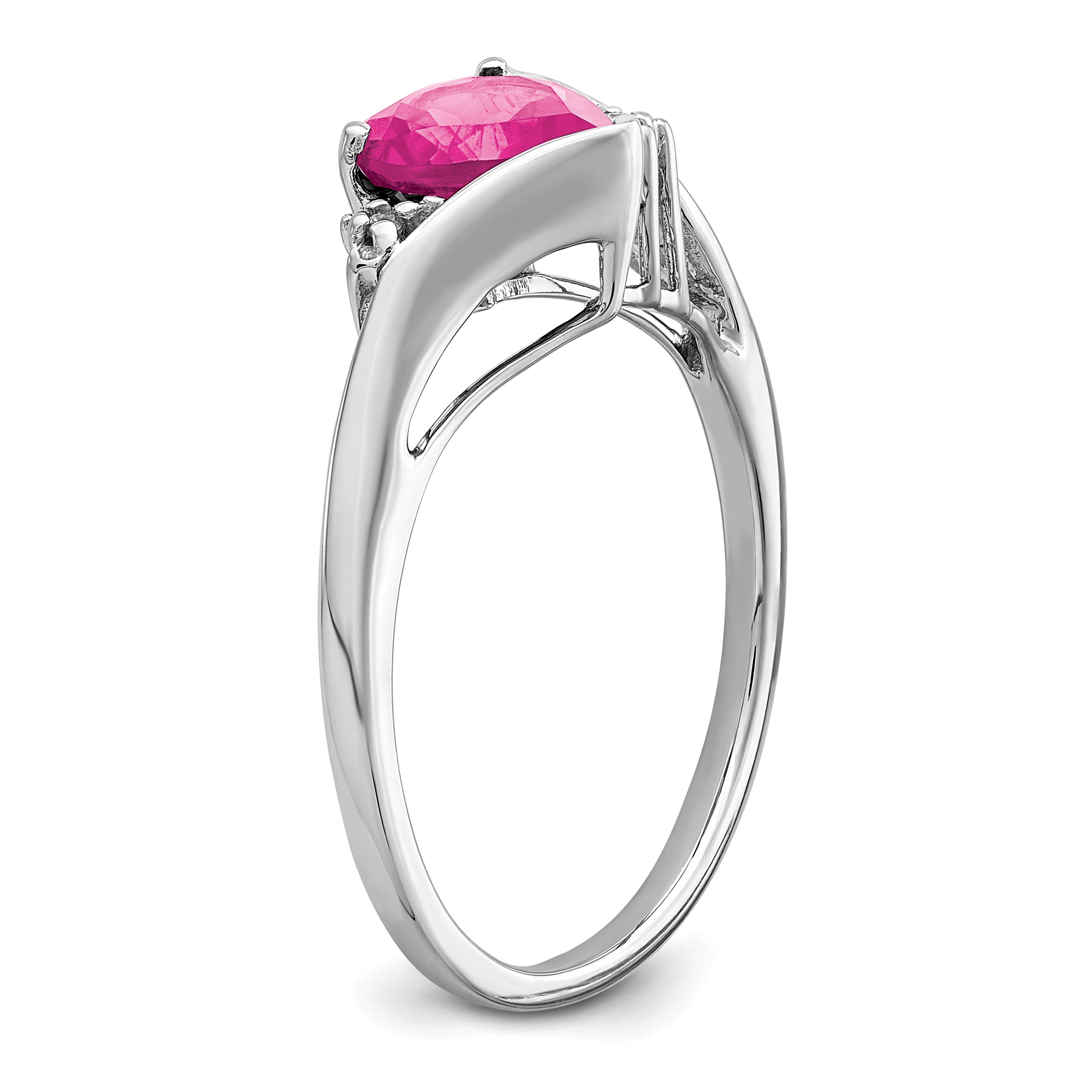 14k White Gold Created Pink Sapphire and Diamond Heart Ring