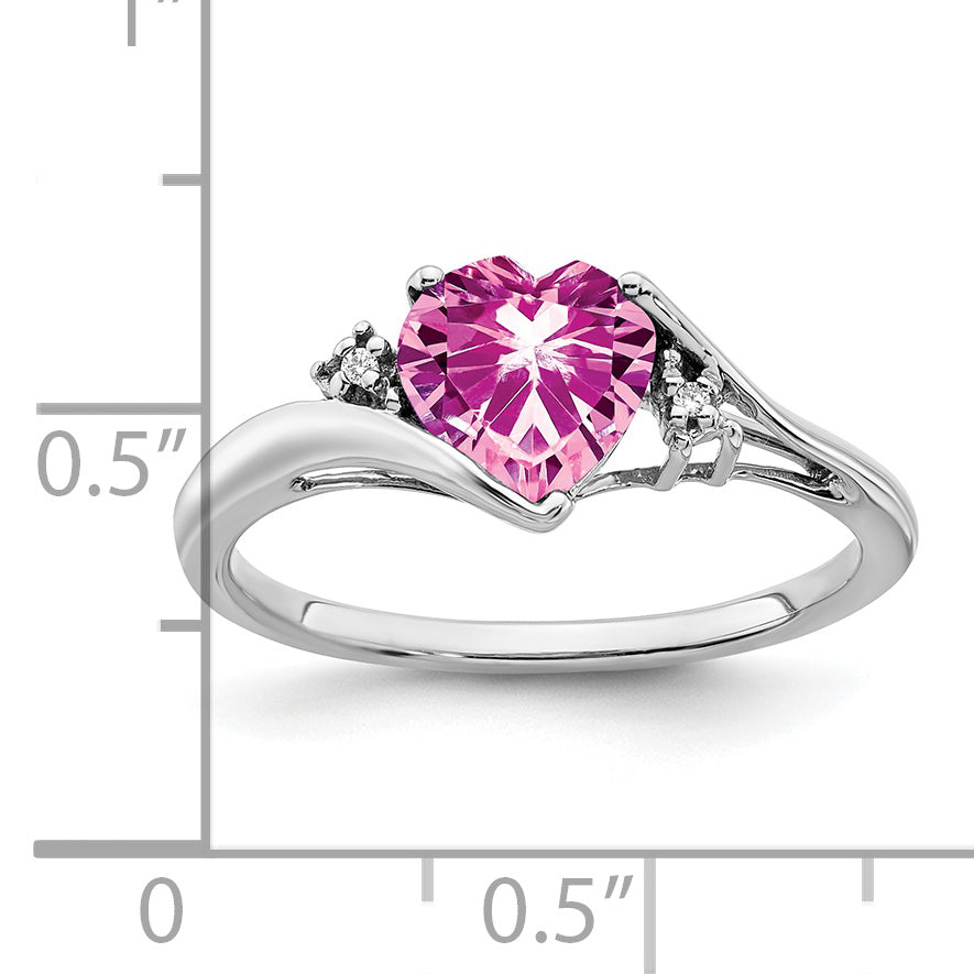 14k White Gold Created Pink Sapphire and Diamond Heart Ring
