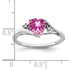 14k White Gold Created Pink Sapphire and Diamond Heart Ring