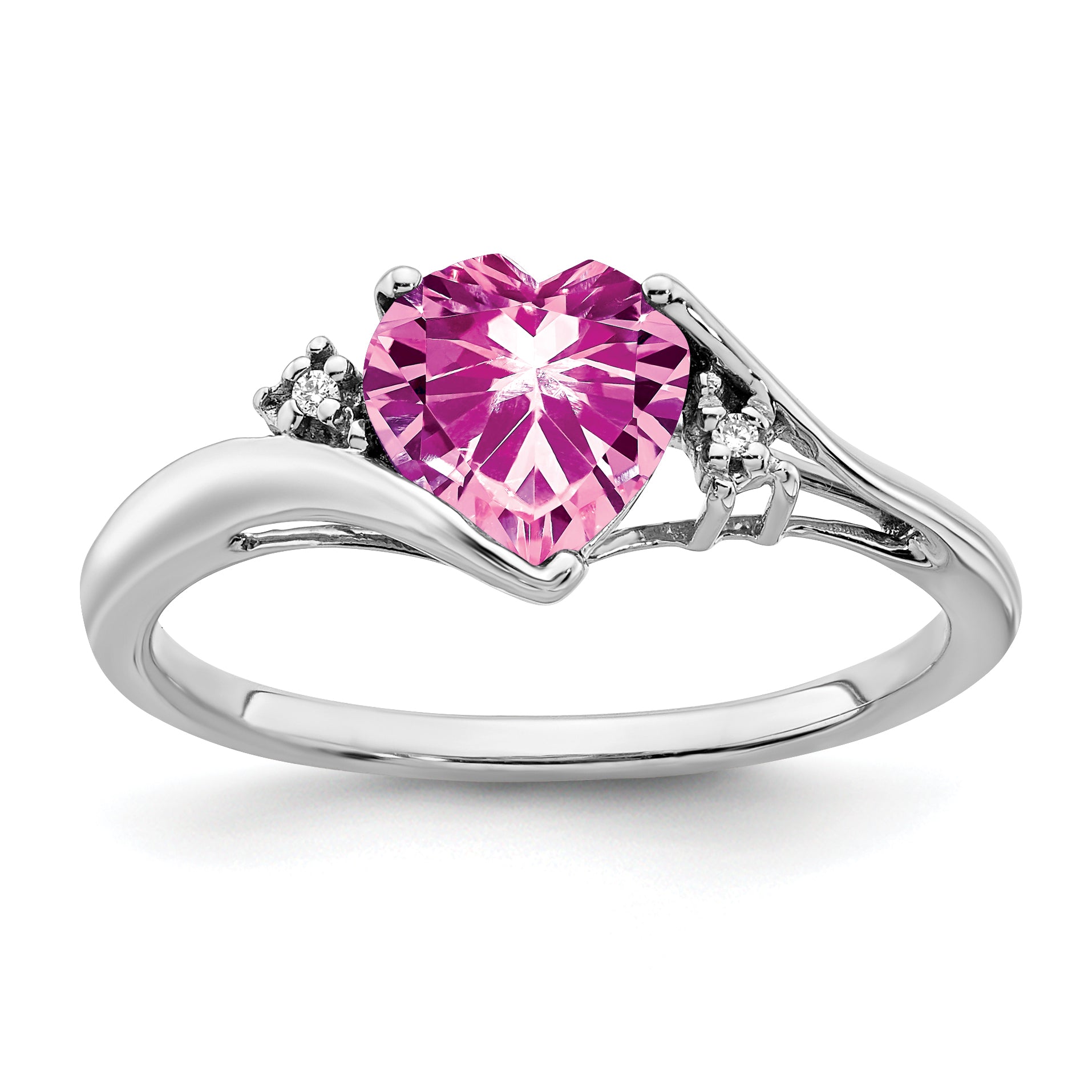 14k White Gold Created Pink Sapphire and Diamond Heart Ring