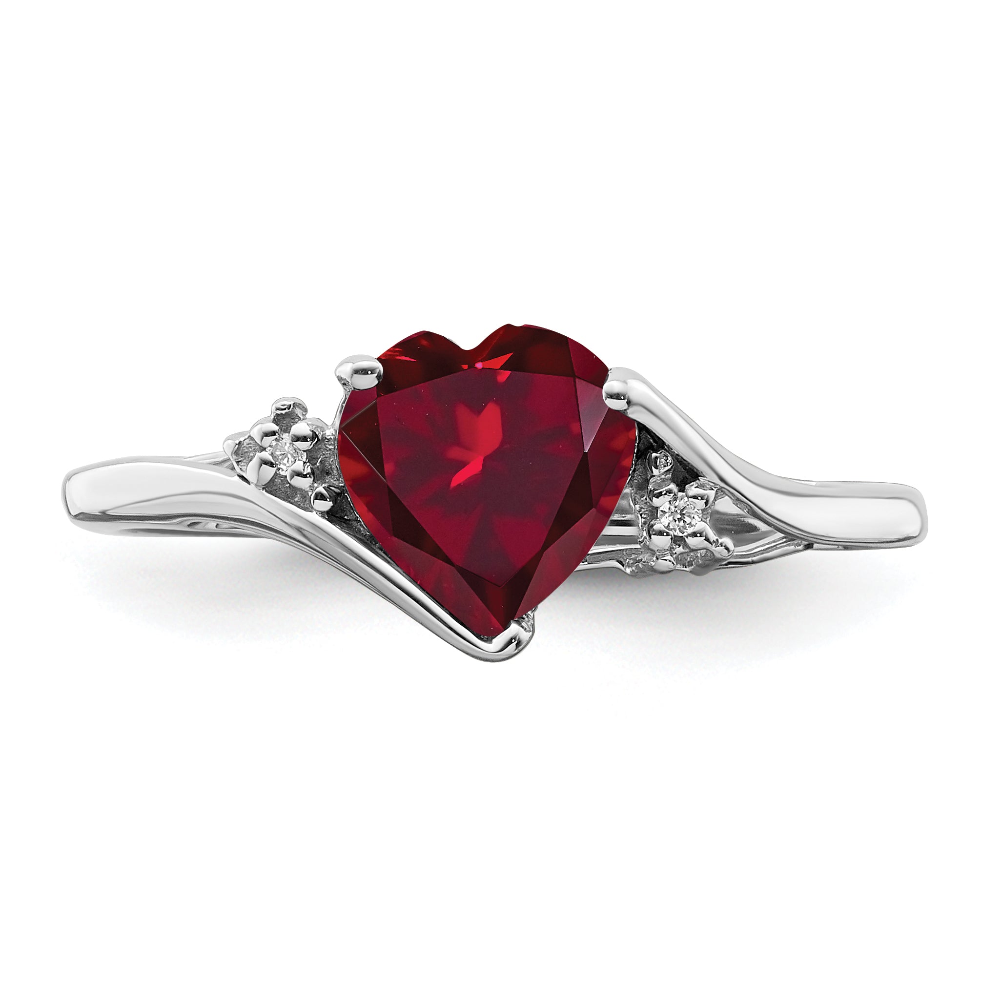 14k White Gold Created Ruby and Diamond Heart Ring
