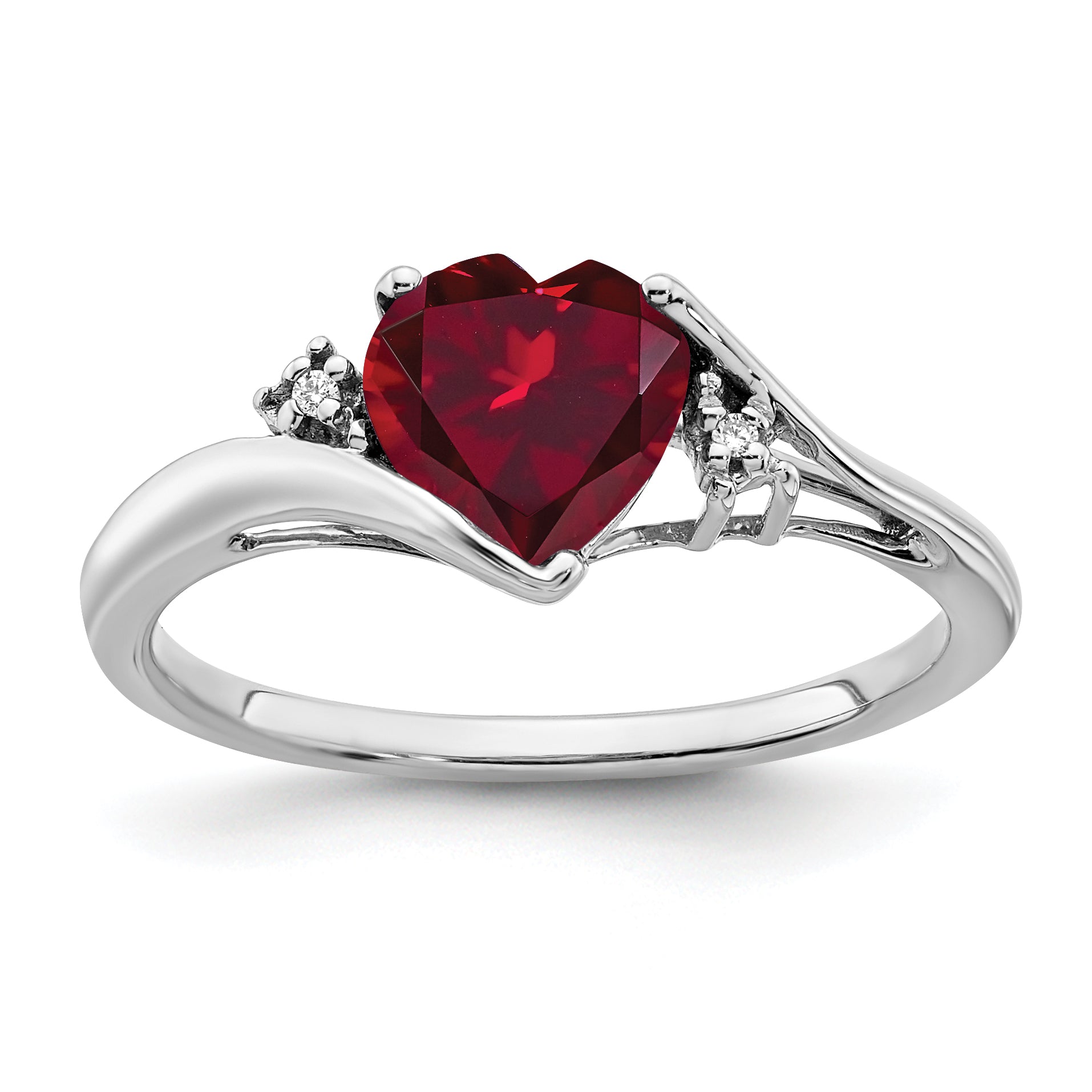 14k White Gold Created Ruby and Diamond Heart Ring Main image