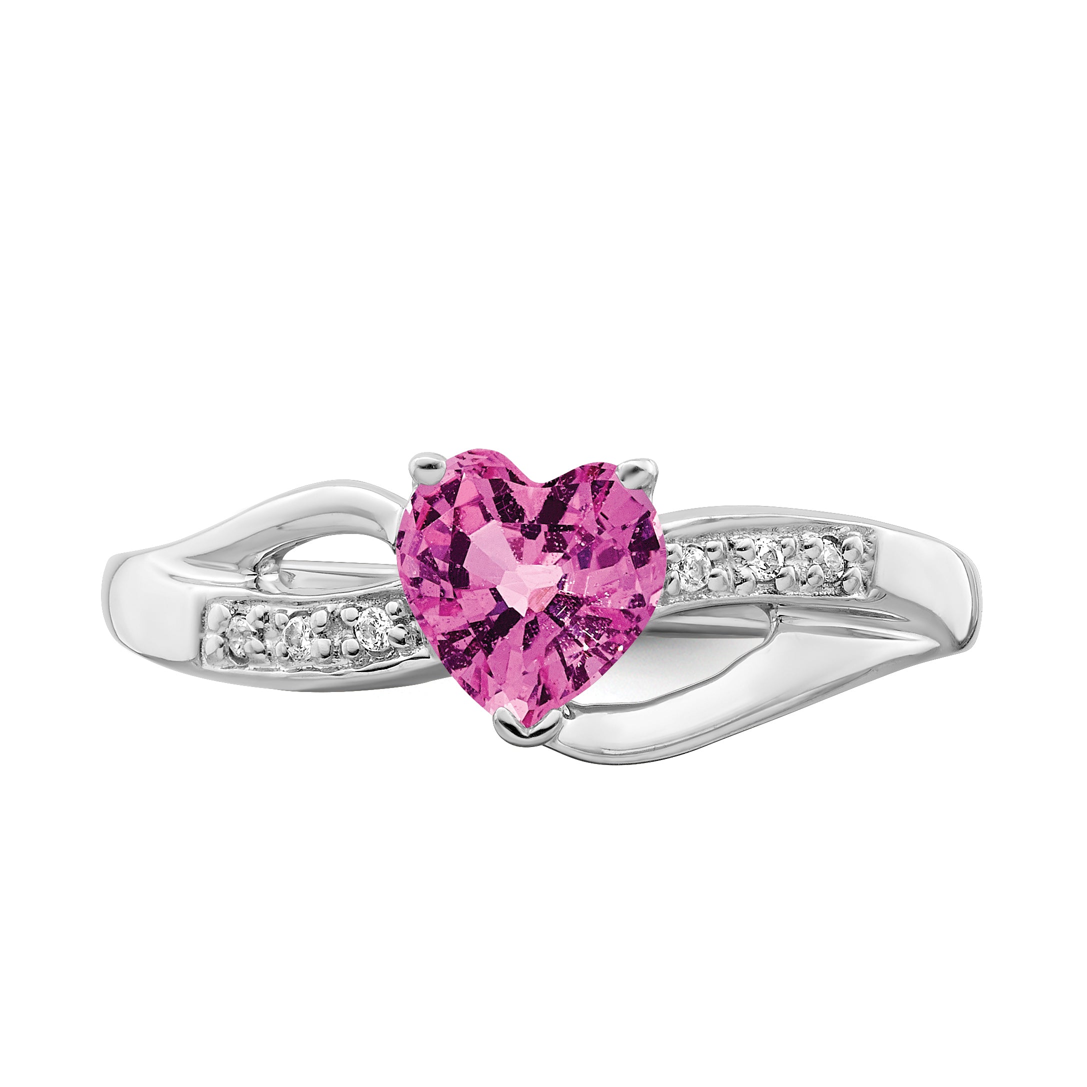 14k White Gold Created Pink Sapphire and Diamond Heart Ring