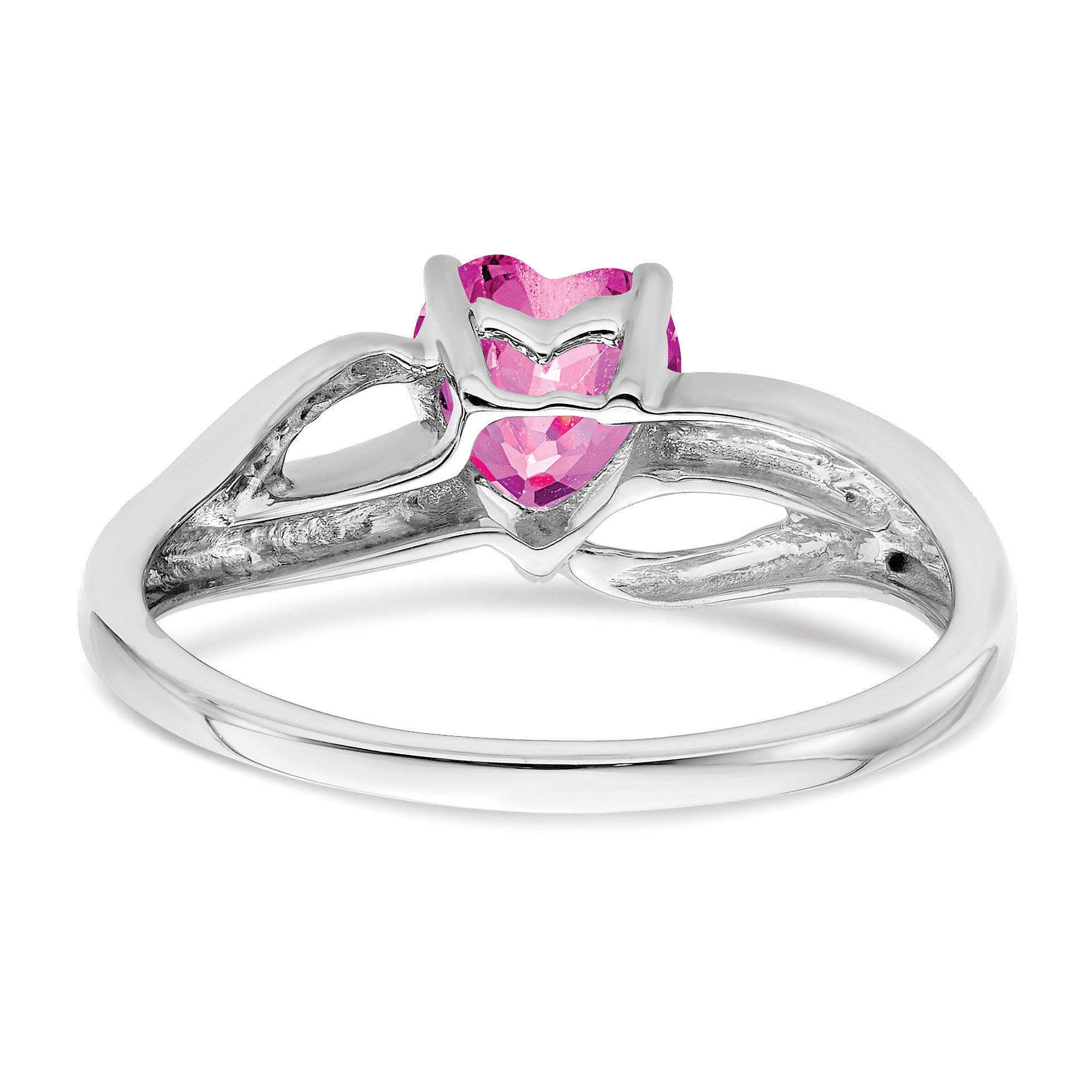 14k White Gold Created Pink Sapphire and Diamond Heart Ring