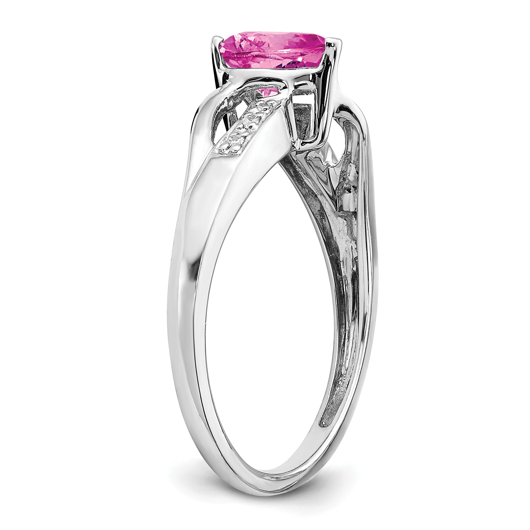 14k White Gold Created Pink Sapphire and Diamond Heart Ring