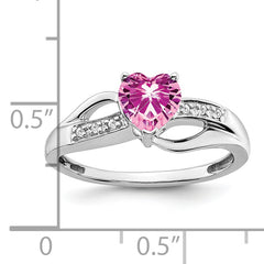 14k White Gold Created Pink Sapphire and Diamond Heart Ring