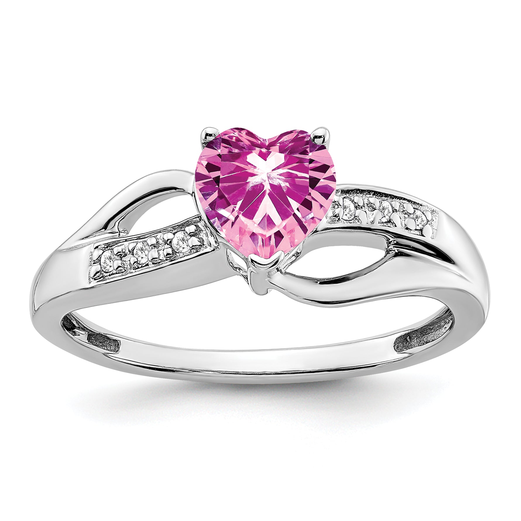 14k White Gold Created Pink Sapphire and Diamond Heart Ring Main image