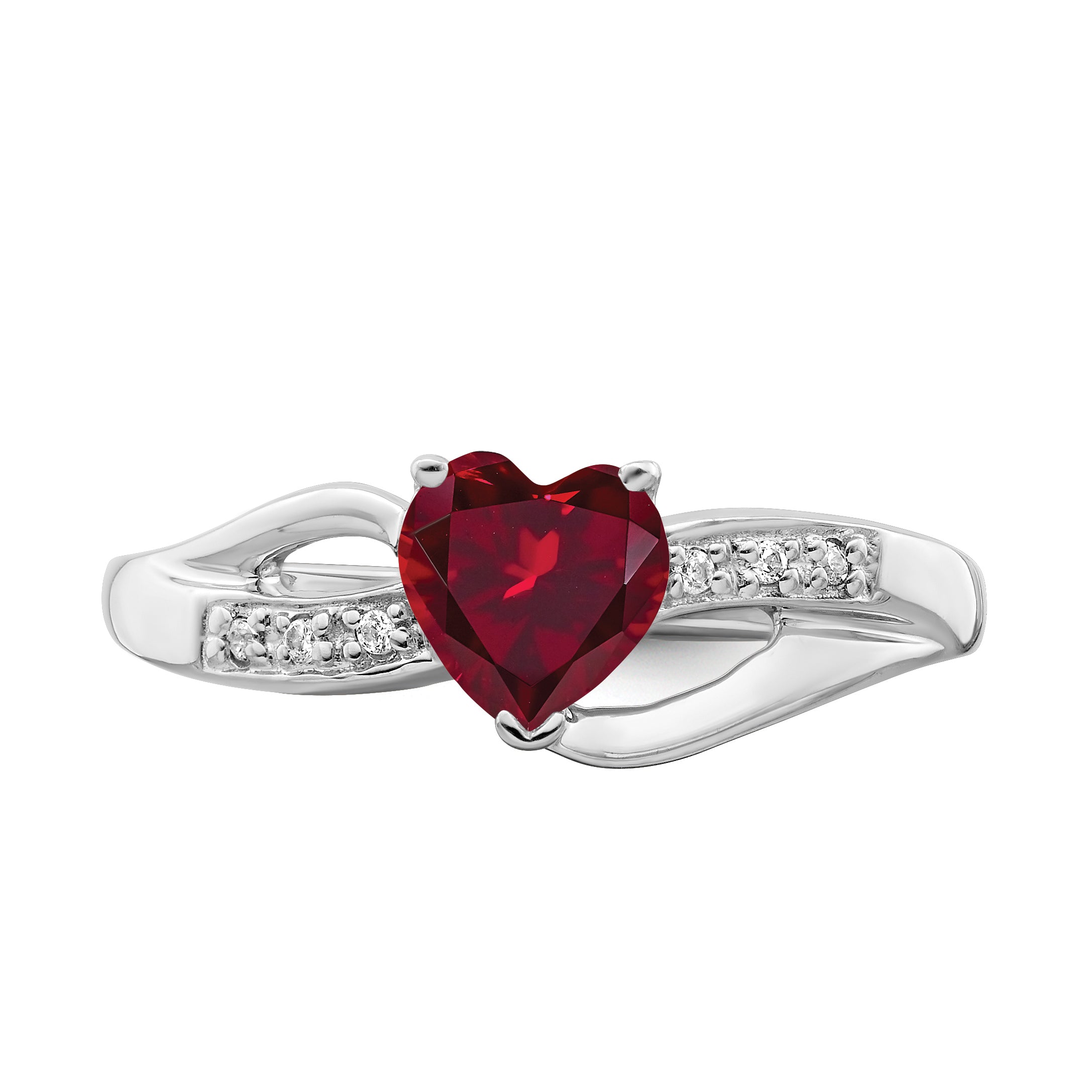 14k White Gold Created Ruby and Diamond Heart Ring
