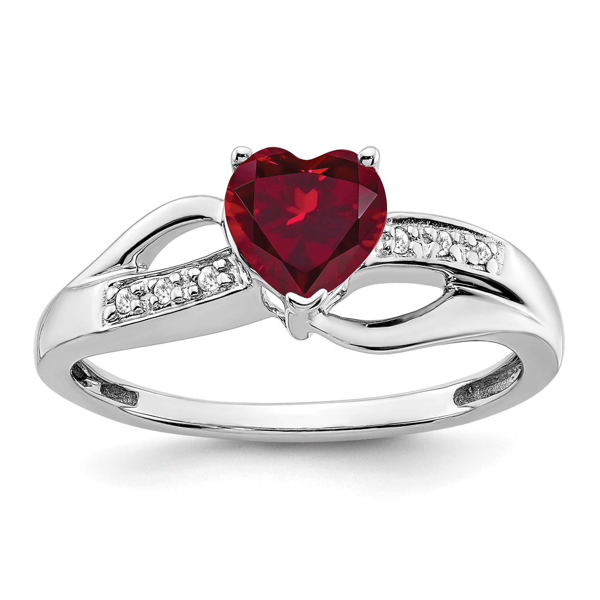 14k White Gold Created Ruby and Diamond Heart Ring Main image