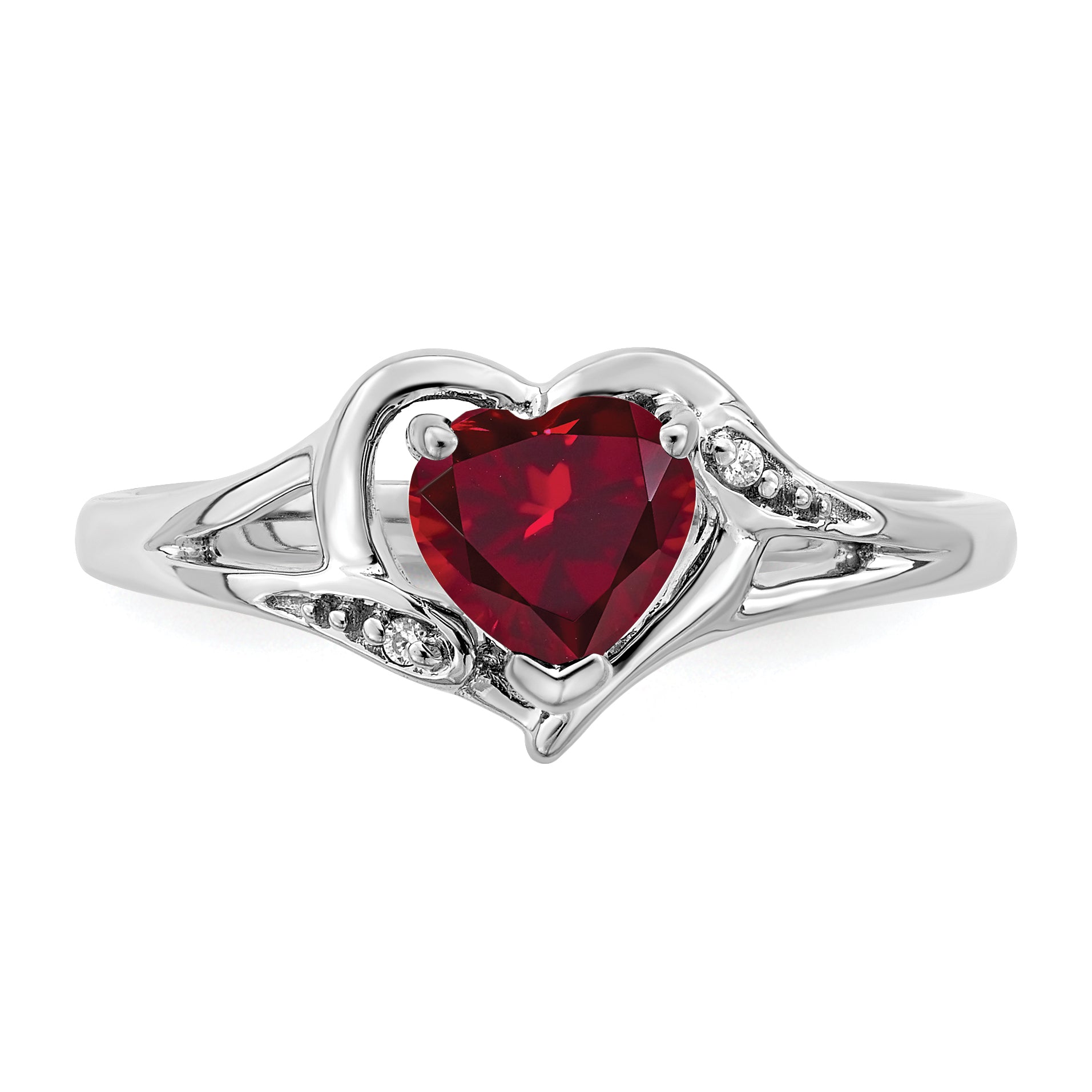 14k White Gold Created Ruby and Diamond Heart Ring
