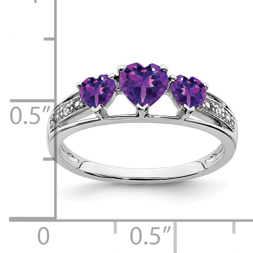 10k White Gold 3 Stone Amethyst and Diamond Heart Ring