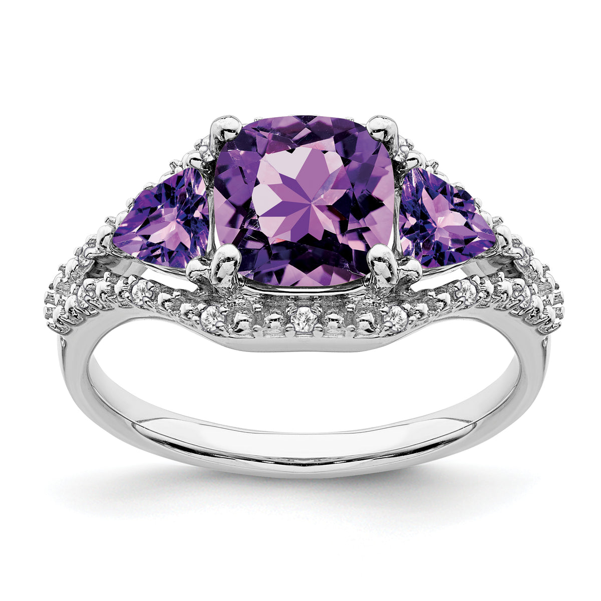 10k White Gold 3 Stone Amethyst and Diamond Ring