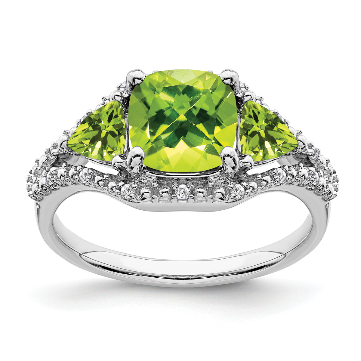 10k White Gold 3 Stone Peridot and Diamond Ring