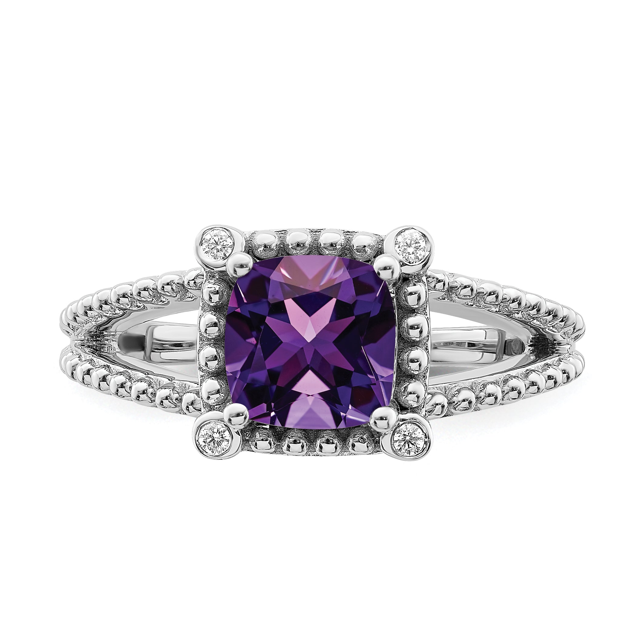 14k White Gold Cushion Amethyst and Diamond Ring