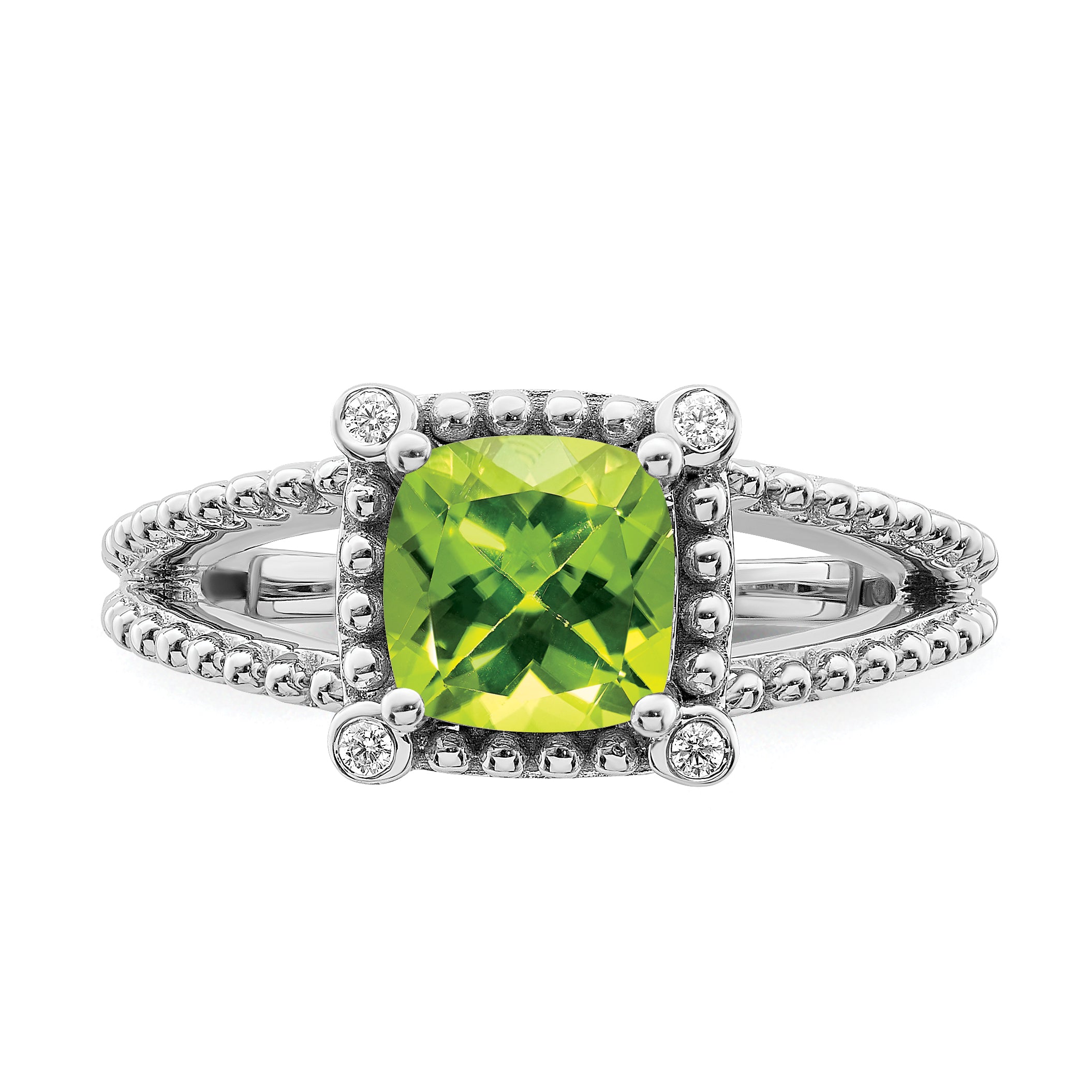 14k White Gold Cushion Peridot and Diamond Ring
