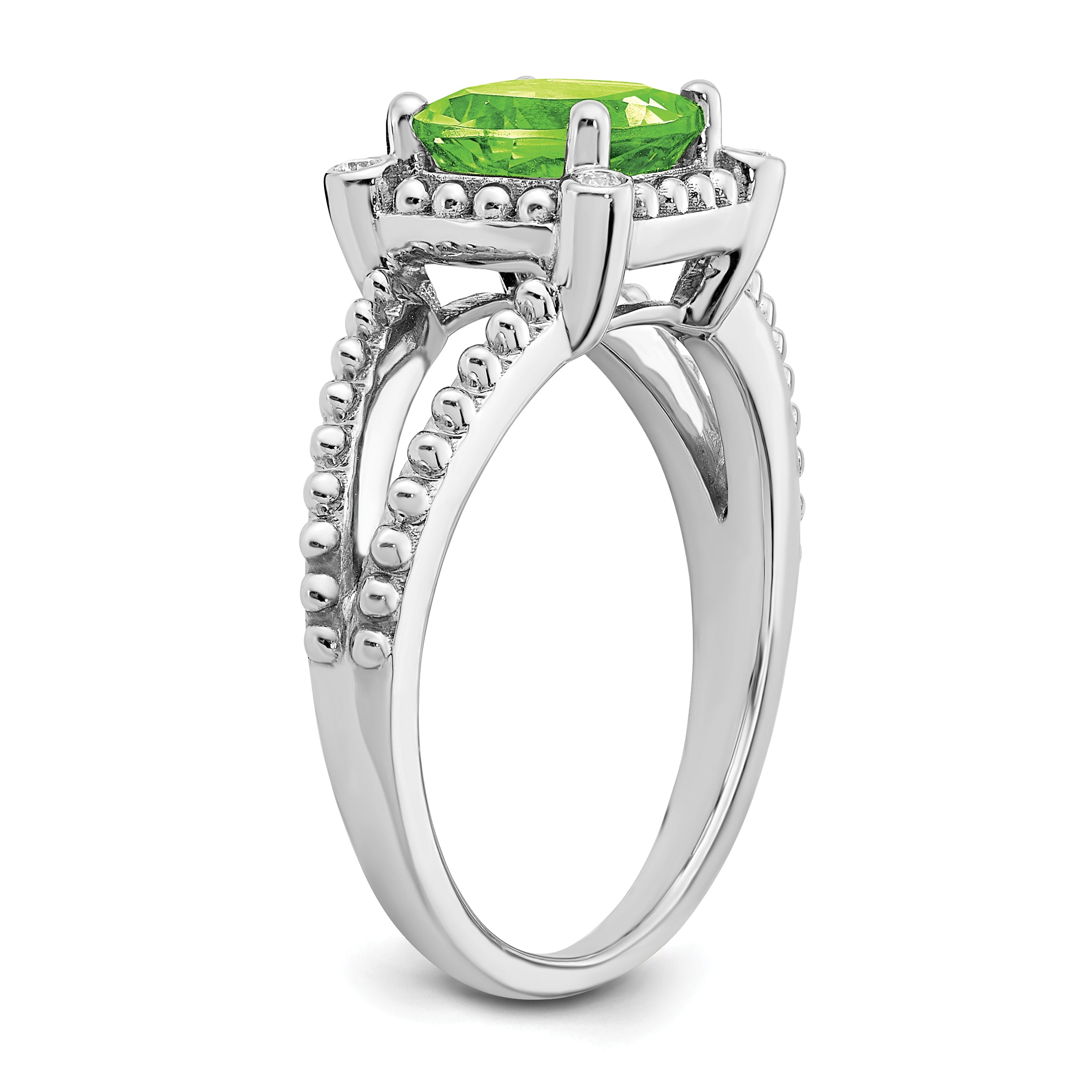 14k White Gold Cushion Peridot and Diamond Ring