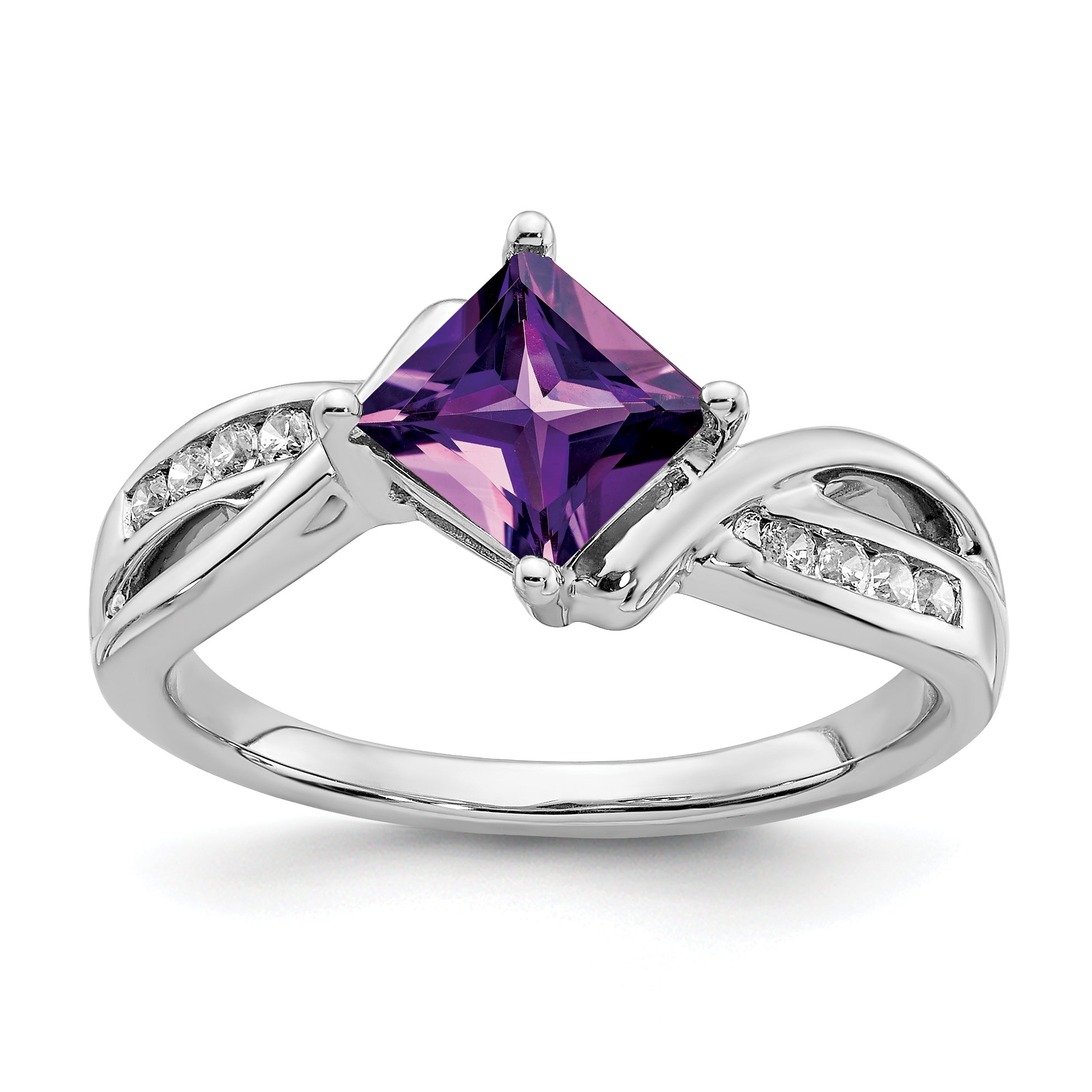 14k White Gold Square Amethyst and Diamond Ring Main image