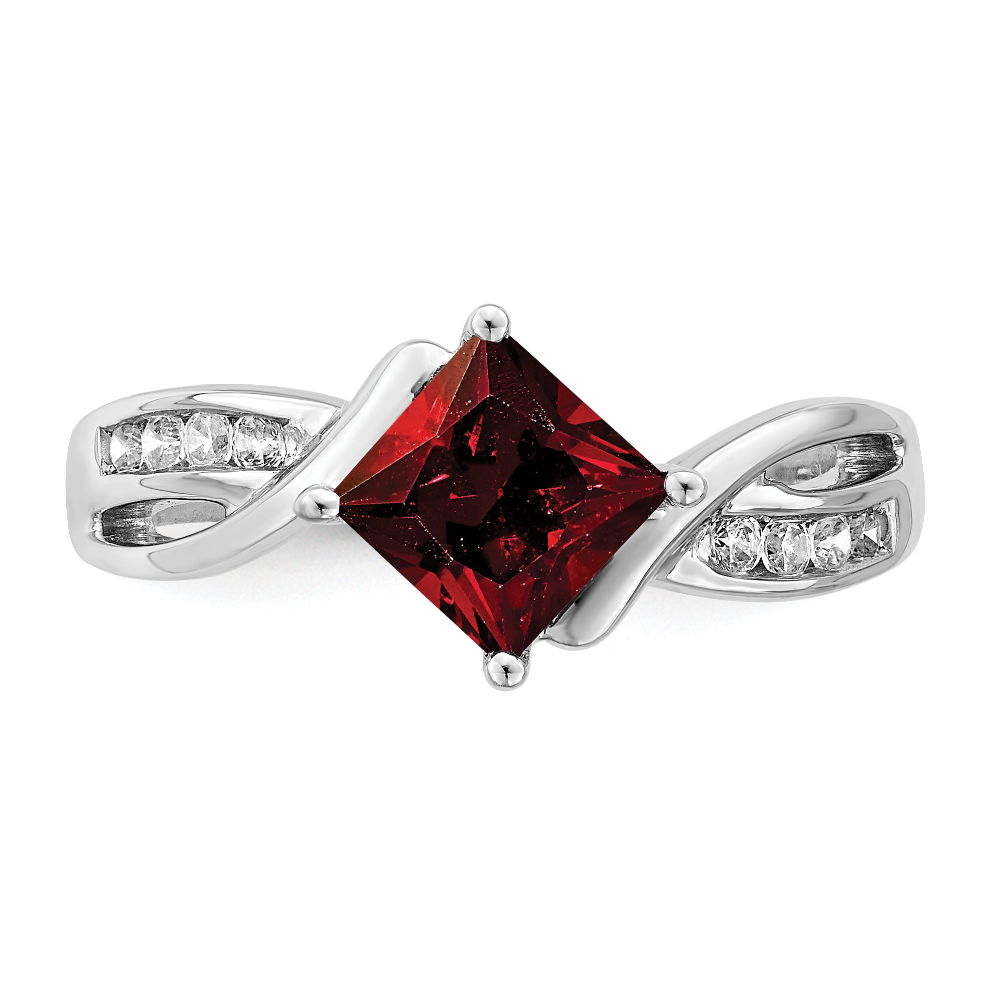 14k White Gold Square Garnet and Diamond Ring