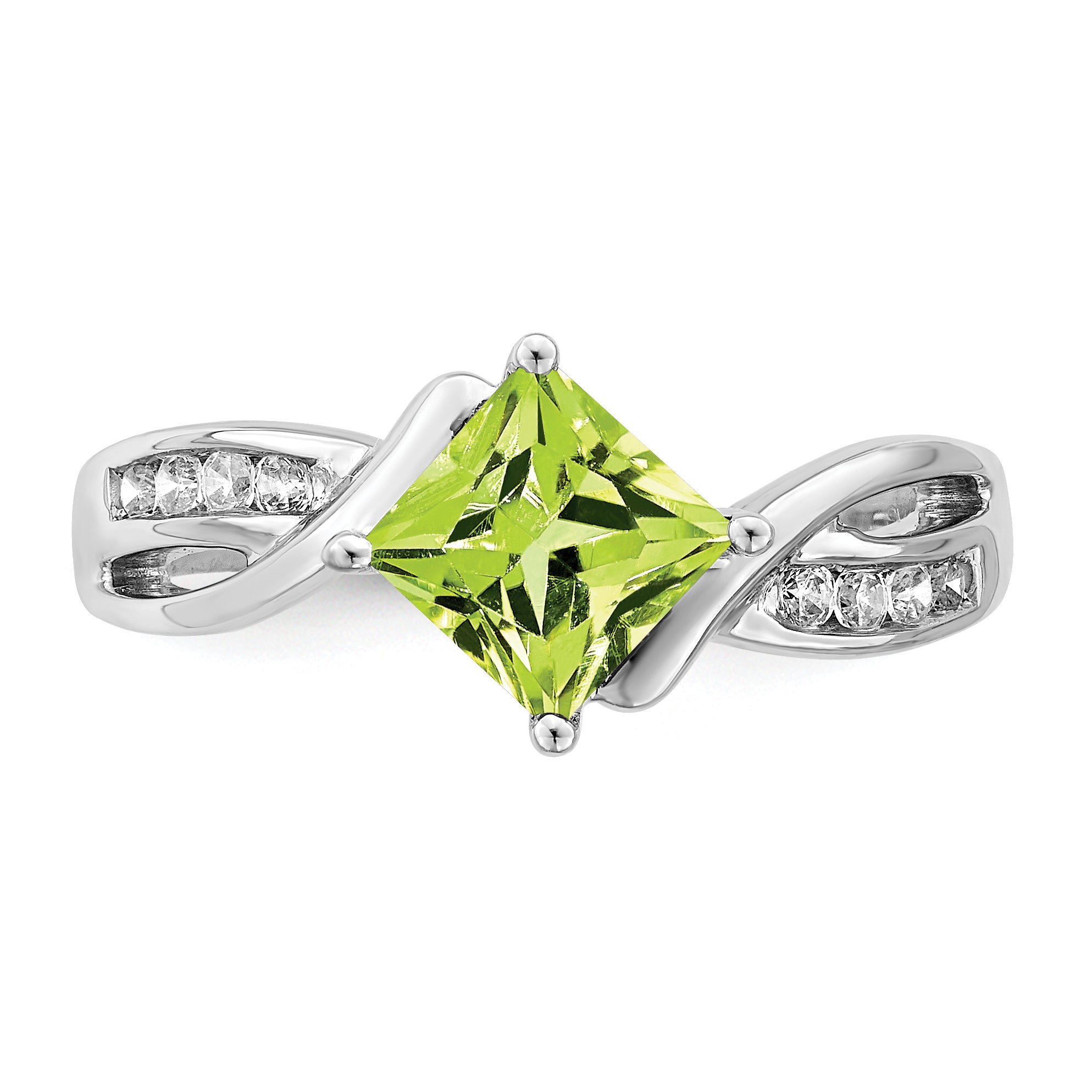 14k White Gold Square Peridot and Diamond Ring
