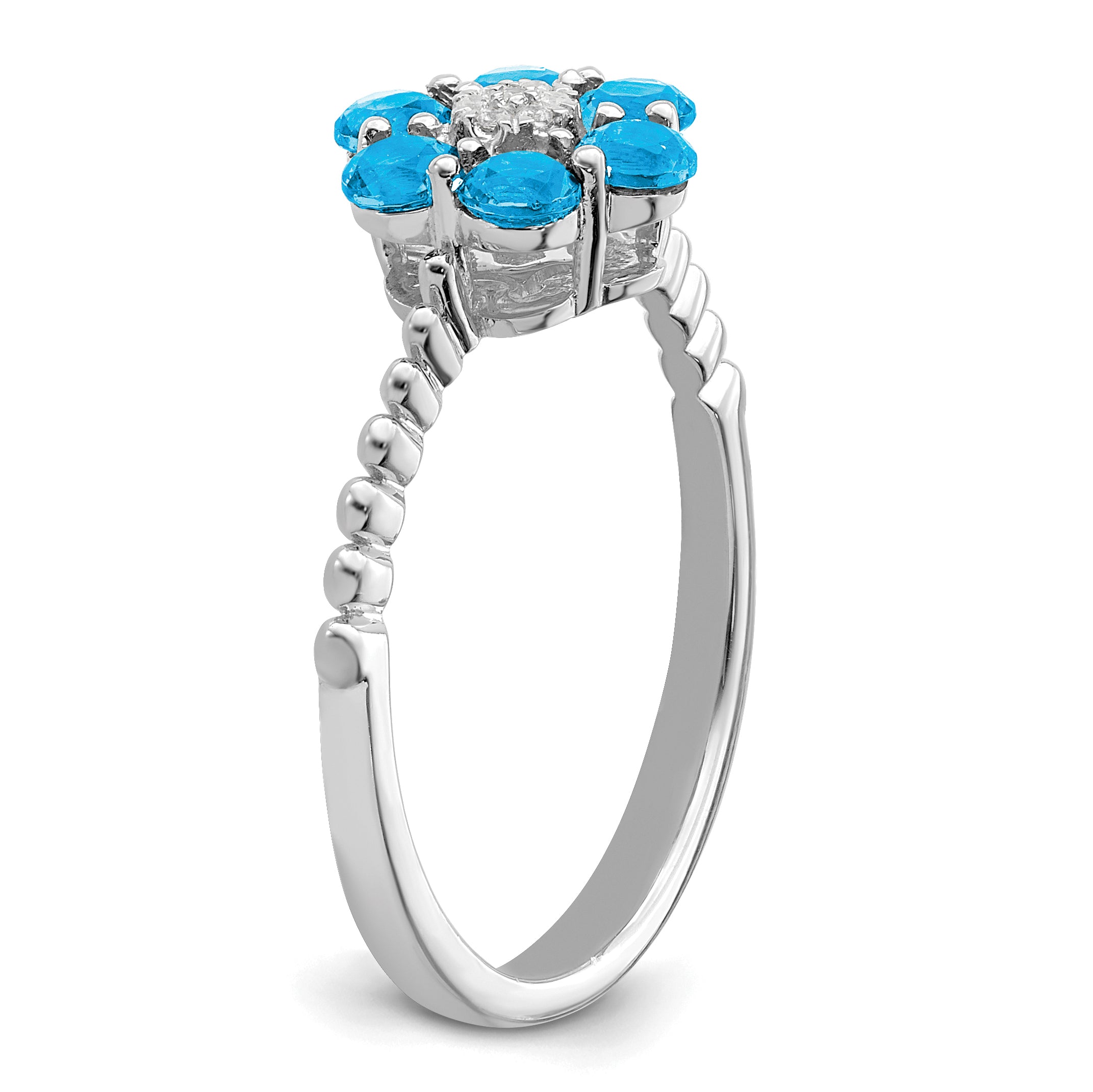 14k White Gold Blue Topaz and Diamond Floral Ring