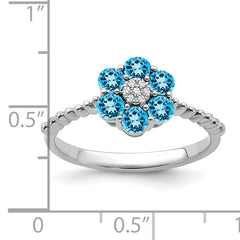 14k White Gold Blue Topaz and Diamond Floral Ring