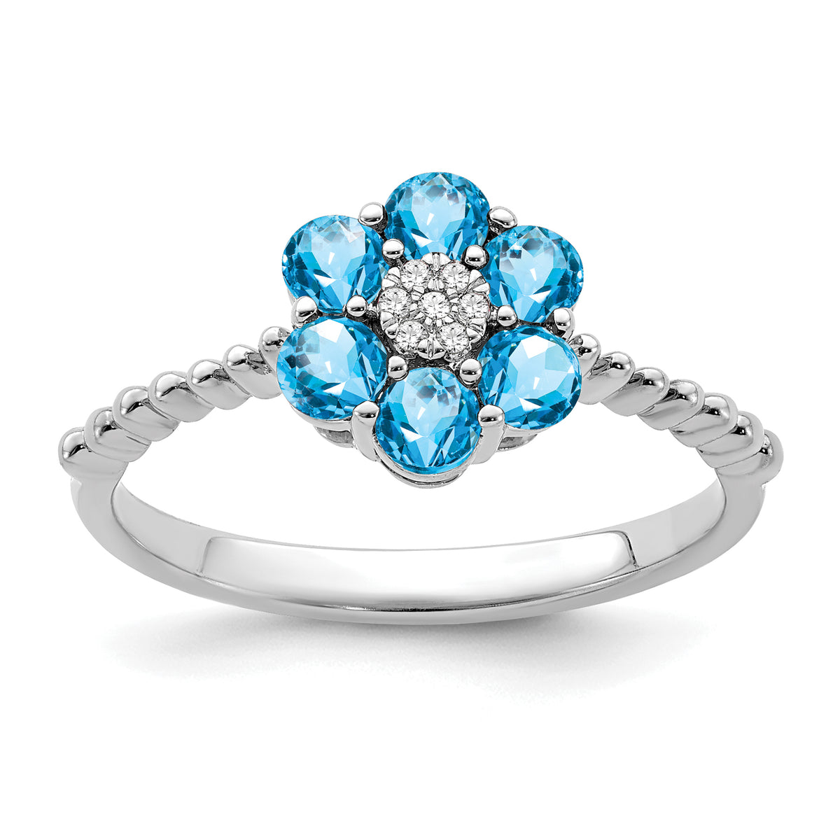 14k White Gold Blue Topaz and Diamond Floral Ring