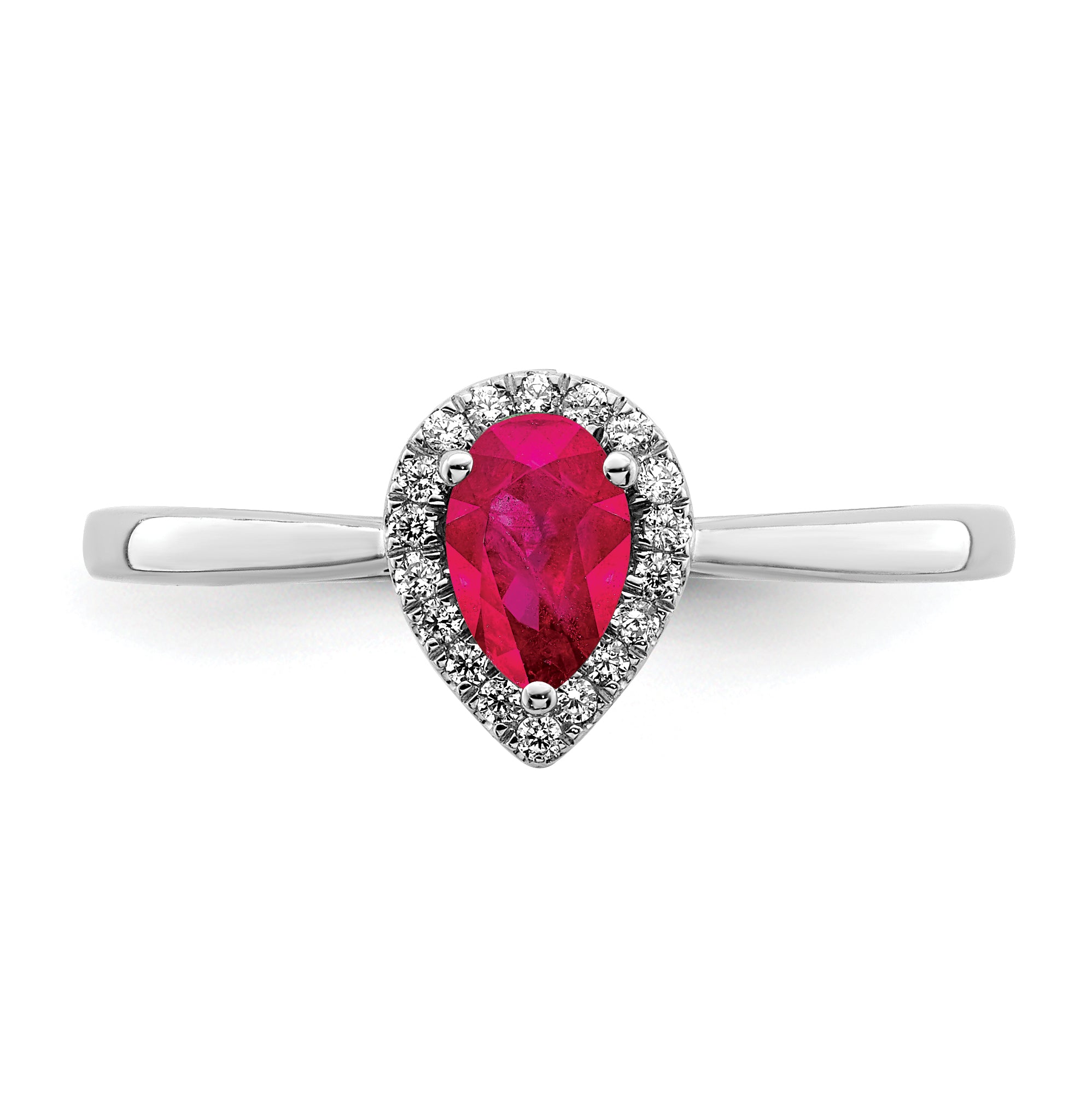 14k White Gold Pear Ruby and Diamond Halo Ring
