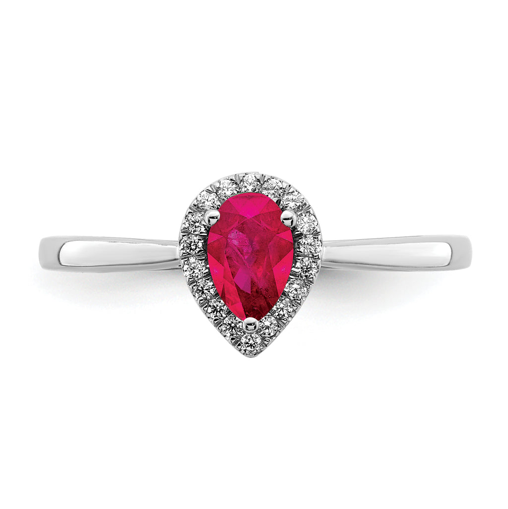 14k White Gold Pear Ruby and Diamond Halo Ring