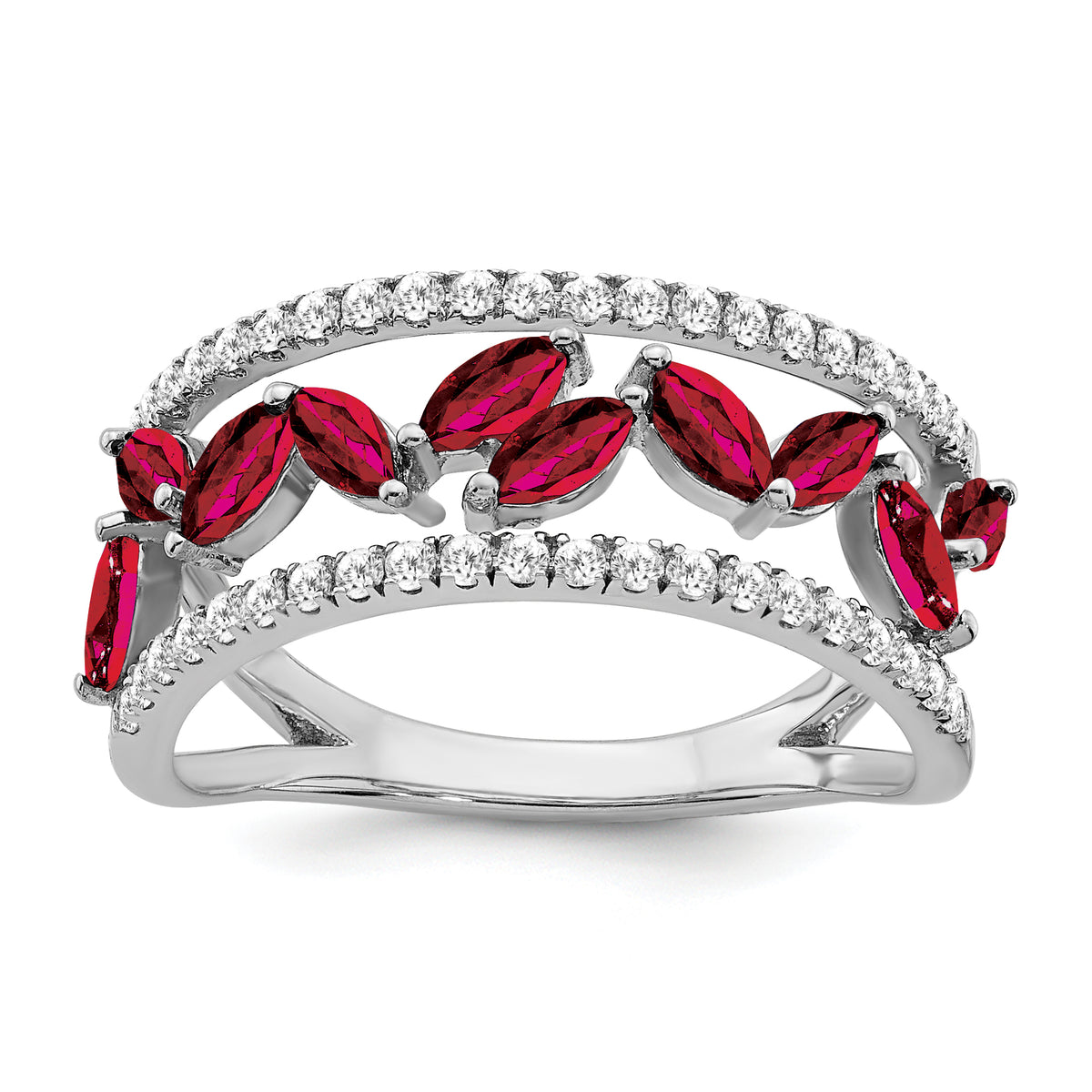 14k White Gold Marquise Created Ruby and Diamond Ring