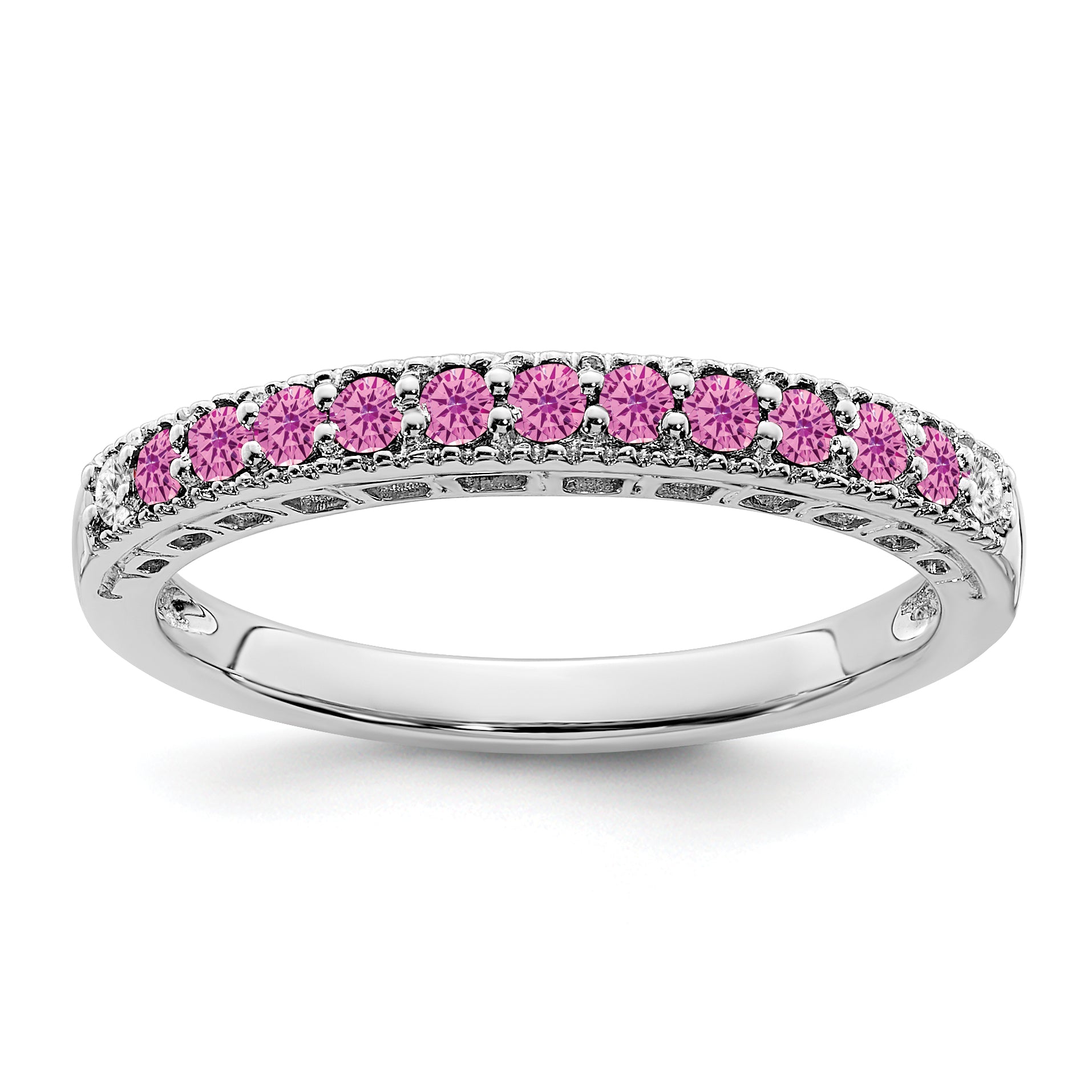 14k White Gold Created Pink Sapphire and Diamond Band Main image
