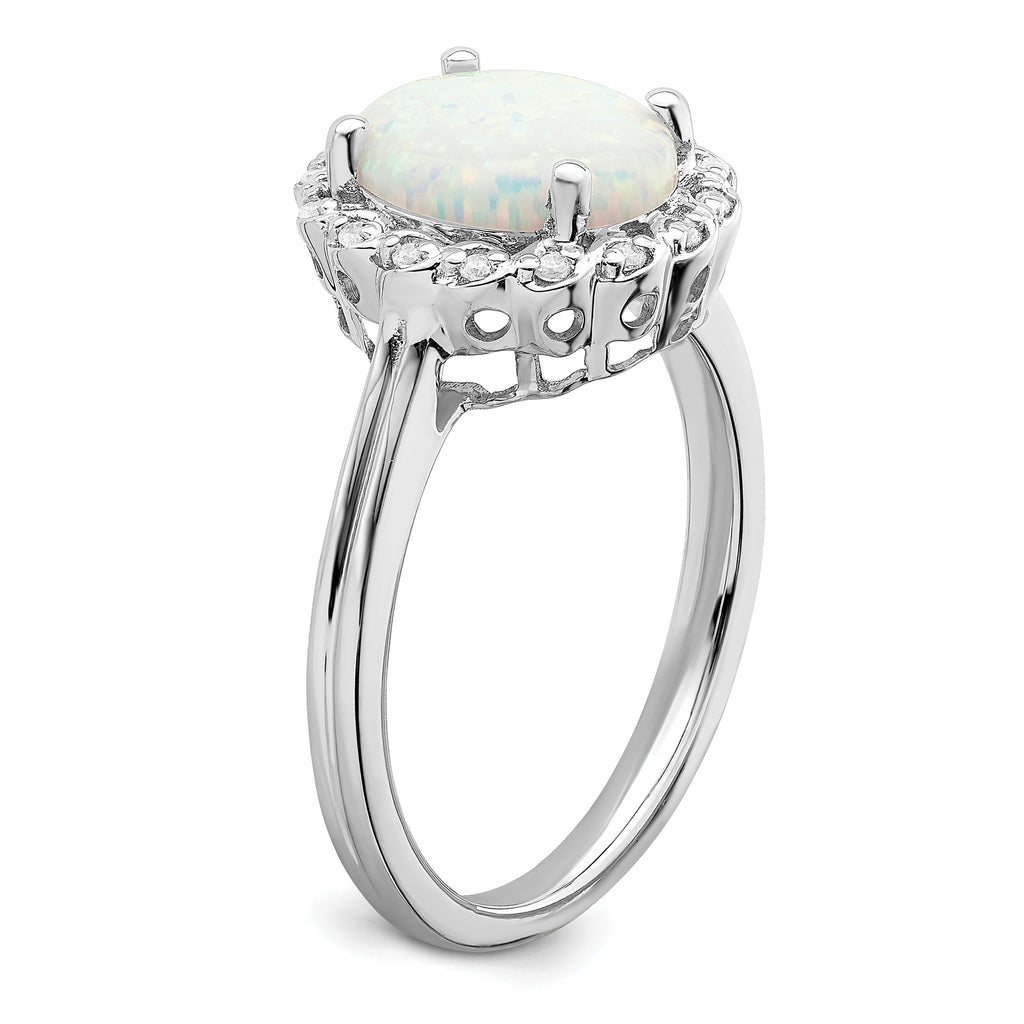  14k White Gold Created Opal and Diamond Halo Ring