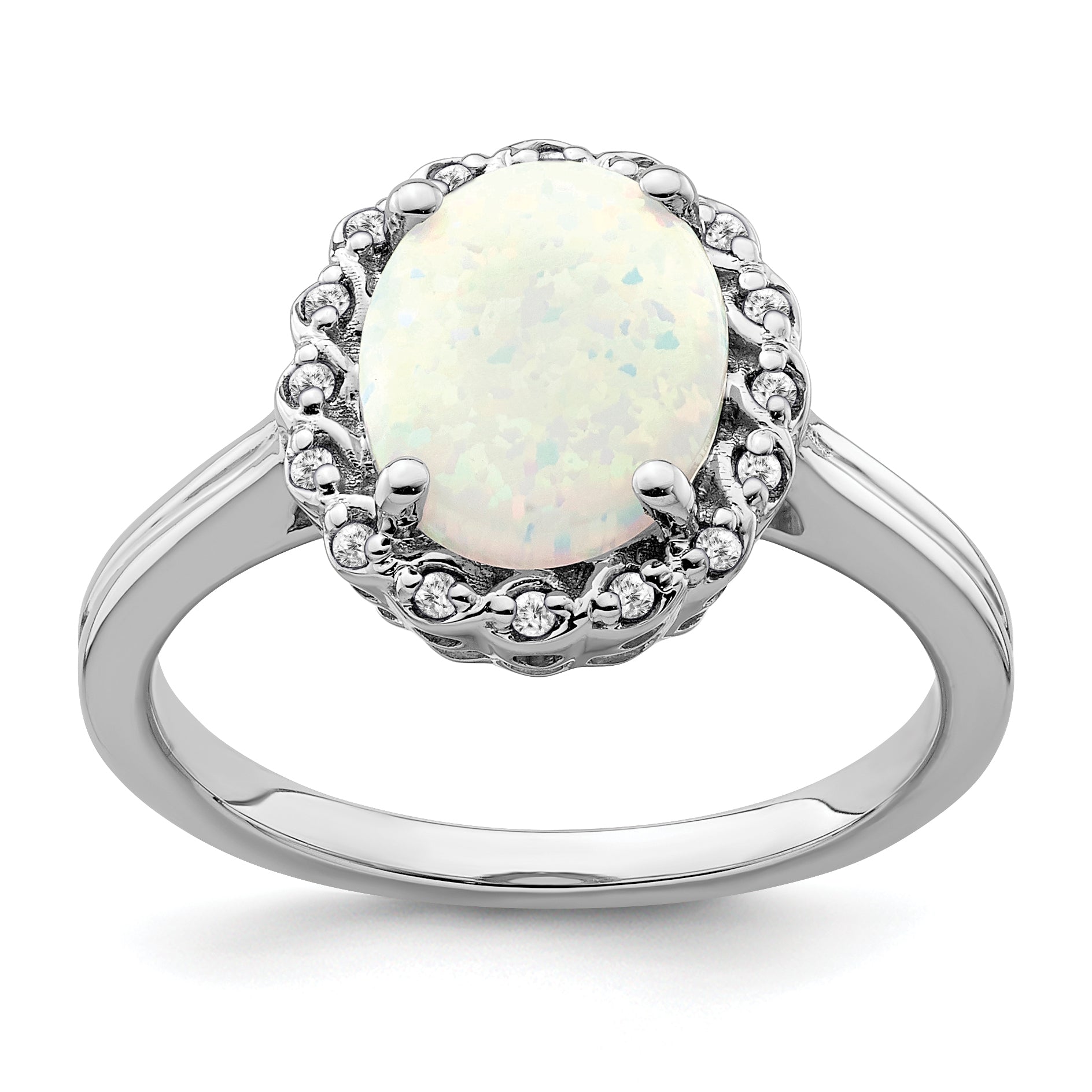 14k White Gold Created Opal and Diamond Halo Ring Main image
